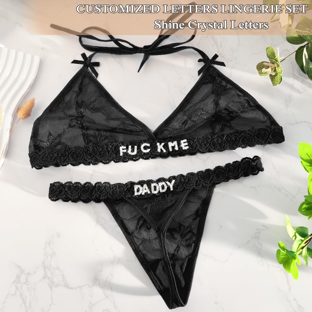 Personalized Thongs with Names Bra Set for Women Thong Bra with Shine Metal Letters Personality Sexy Underwear Set