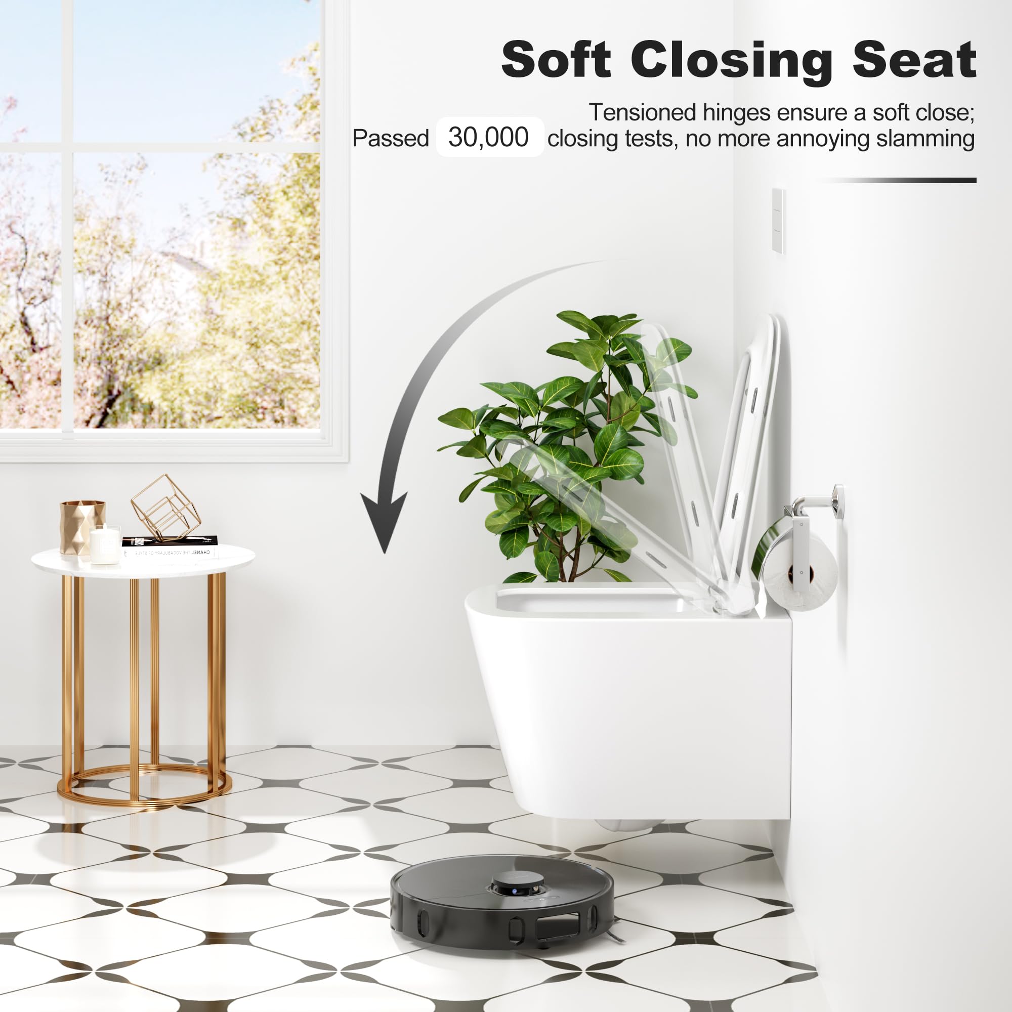 WC sospeso commerciale senza brida in ceramica – Scarico silenzioso ed efficiente – Sedile D-Shape 51 cm con chiusura rallentata e coprivaso rimovibile – Bianco