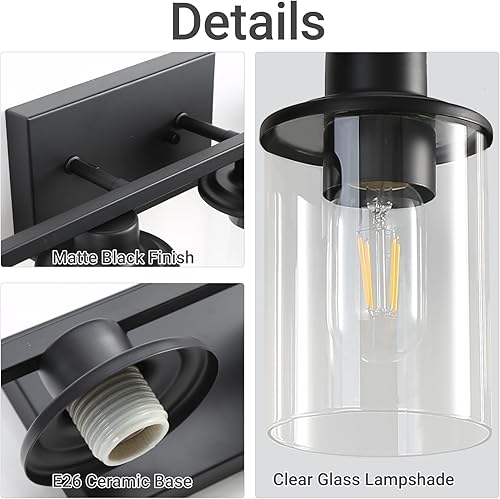 Miniatura 6 de LOUSACE Lámpara de tocador de baño de 6 luces, lámparas de baño negras mate, modernas luces de baño sobre espejo con pantalla de vidrio