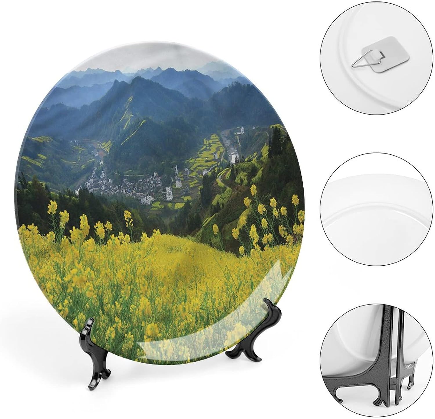 7 Inch Decorative Plate,Nature Round Porcelain,Flower Mountains Print Ceramic Wall Hanging for Fine Dining, Upscale Events, Dinner Parties, Weddings, Catering, Christmas, Thankgiving Decor, Muticolor image 4