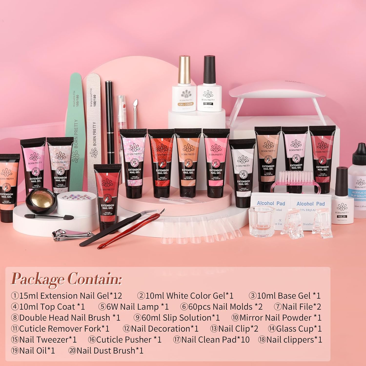 BORN PRETTY Poly Extension Gel Kit-12 Colors Extension Nail Gel Kit Nude Clear Jelly Pink All-In-1 Kit Builder Glue with Nail Lamp Base Top Coat Set Nail Forms French Manicure Ideal Gifts