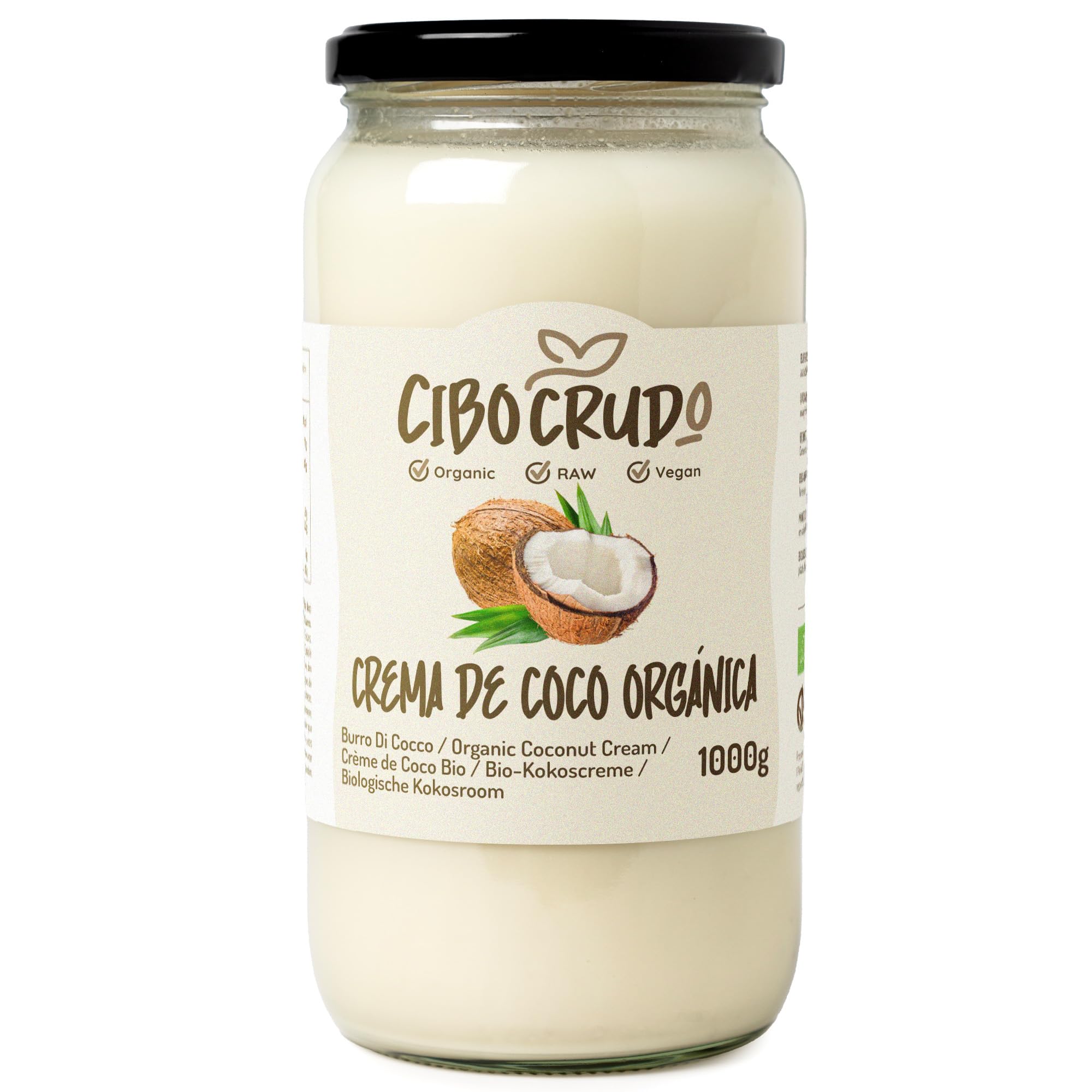 Crema de Coco Ecológica - 1l. Mantequilla de Coco Ecológica Extraída en Frío Sin Azúcar. Ideal para cocinar dulces de coco y pasteles veganos. No untable. Mantequilla Cruda