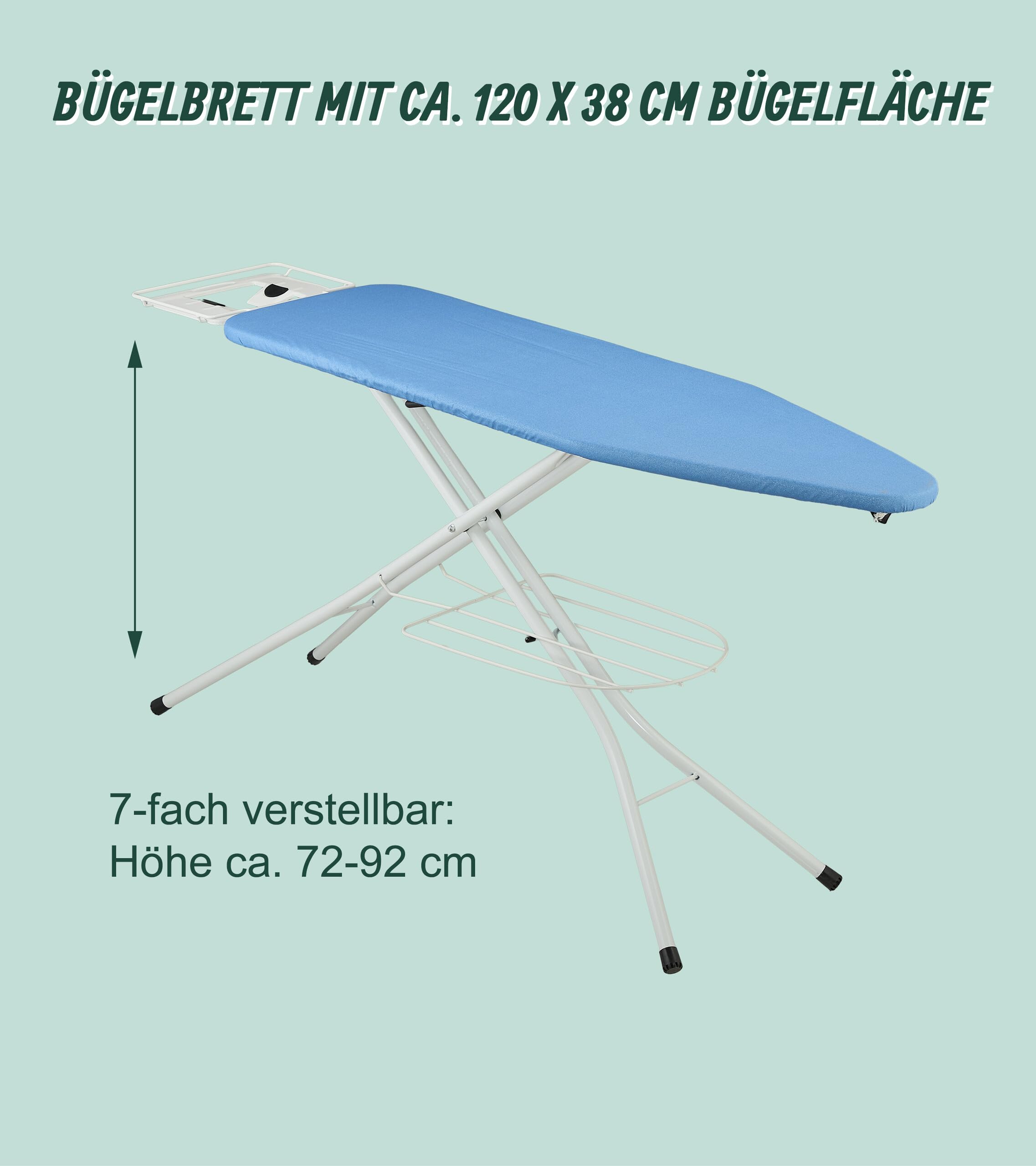 Relaxdays Bügelbrett für Dampfbügeleisen, 120 x 38 cm, höhenverstellbar, klappbar, Kleiderablage, Bügeltisch, blau