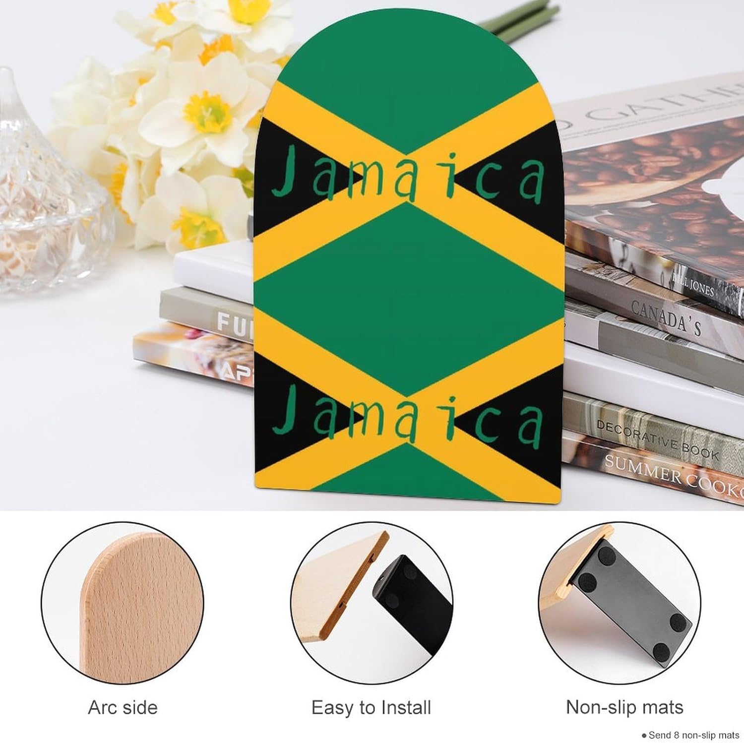 Flag of Jamaica Cute Wood Book Ends Decorative Bookends 1 Pair Non-Skid for Shelves Home Office 7 X 5 Inch