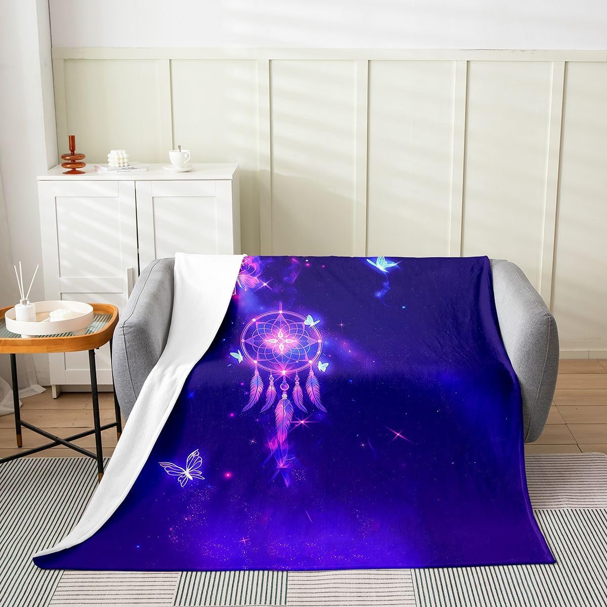 Dreamcatcher Plush Cream Throw Blanket,Boho Dream Catcher Fleece All Season Blanket,Couch Cover Trip Blanket 90x90