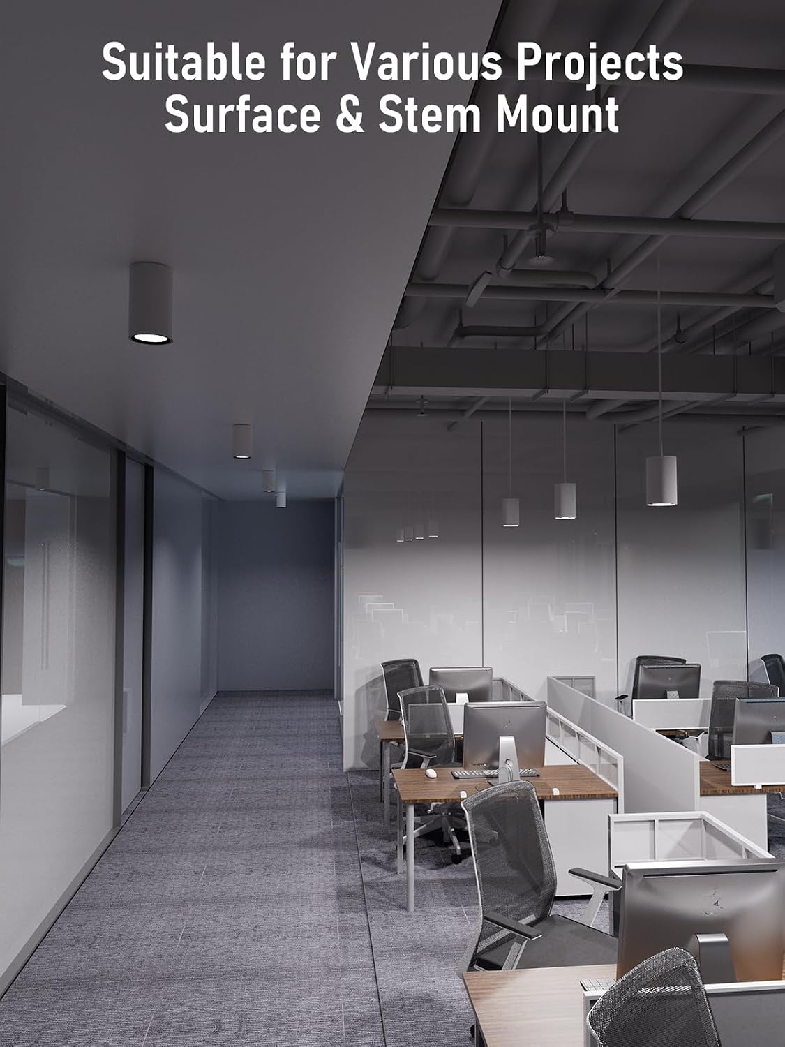LEONLITE 5CCT 6 Inch LED Tube Architectural Pendant Downlight, Stem Mount & Surface Mount Available, 120-277V, CRI90 Dimmable Commercial Cylinder Pendant Light, 3-Wattage Selectable, White, Pack of 2