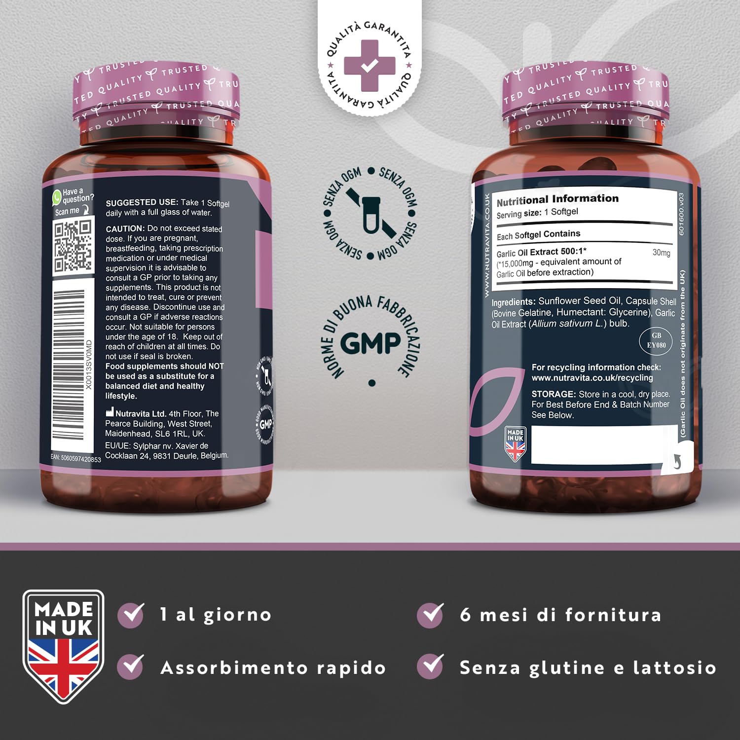 Nutravita Aglio Inodore in Capsule 15.000mg – 180 Softgels AltoDosaggio – Fornitura di 6 Mesi – Estratto di Olio di Aglio Puro ad Alta Qualità Deodorizzato Ricavato dall’Allium Sativum