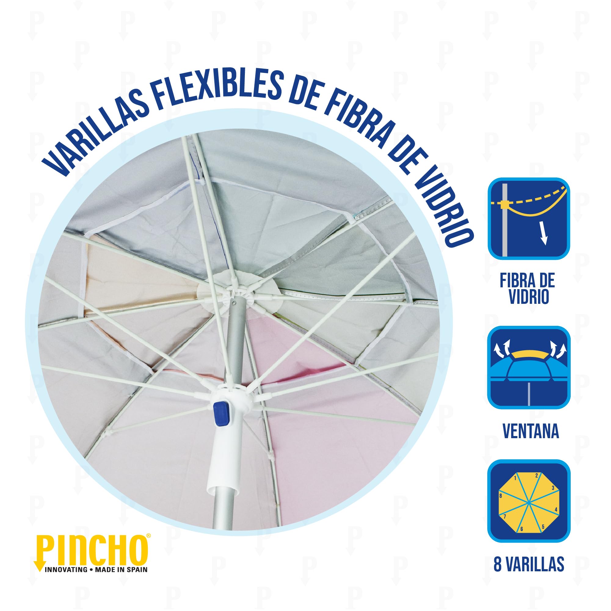 Pincho Parasol de plage 200 cm avec protection UV50+, hauteur réglable, type perçage inclus, 8 baleines anti-vent en fibre de verre, tube aluminium, sac de transport