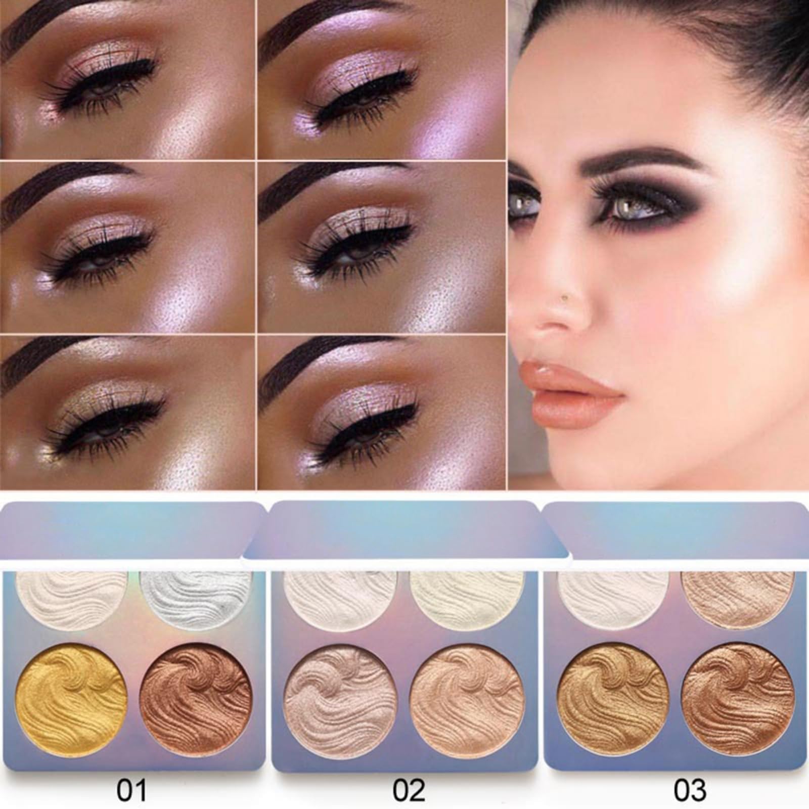 Face Highlighter Palette, Illuminator Powder Palette White Highlighter Baked Waterproof Long Lasting Brilliant Lighten Skin Color Face Contour Powder Makeup Highlighter