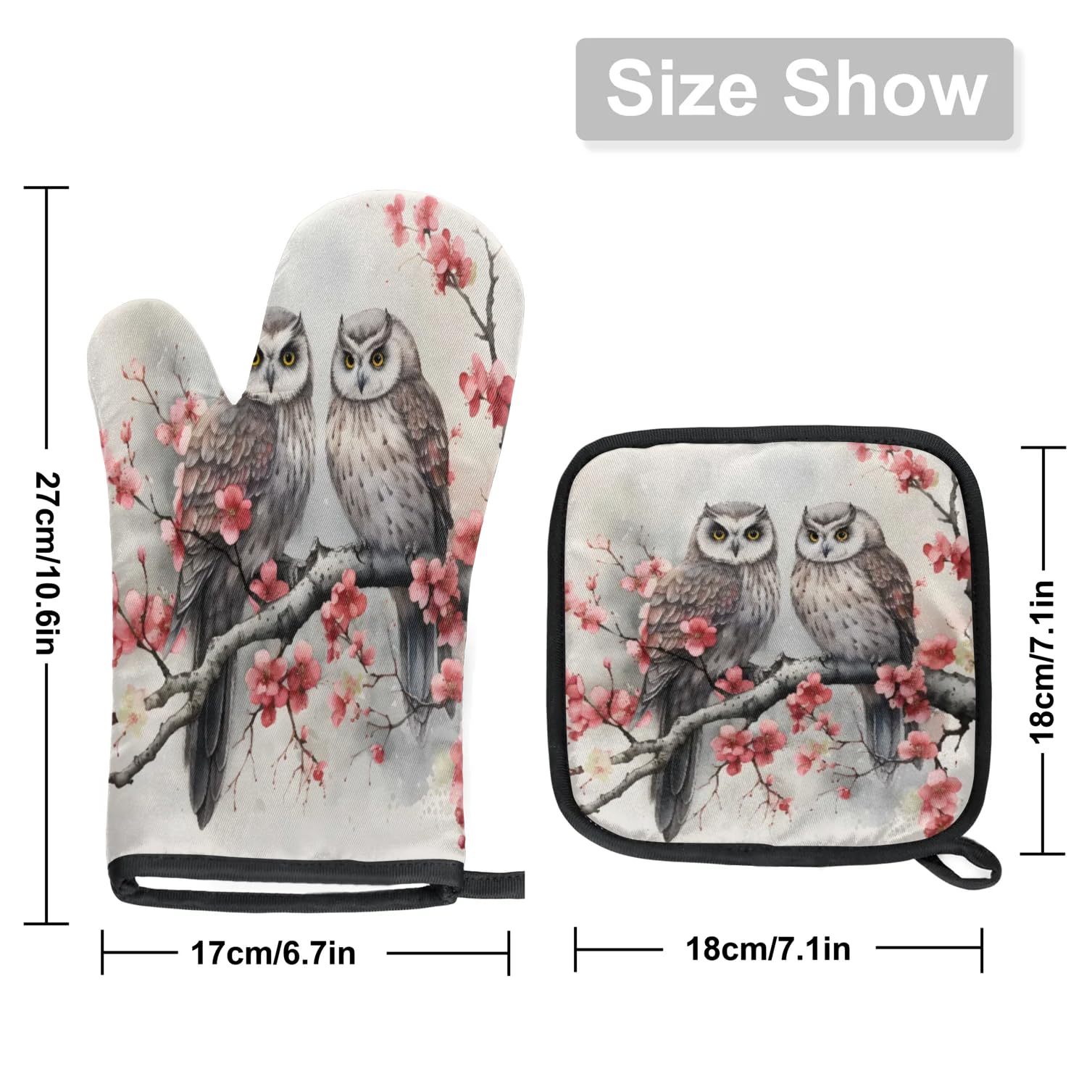 Owls Flowering Branches Oven Mitts Kitchen Oven Gloves for Cooking Baking Heat Proof Lining Cotton Kitchen Potholder Mittens Pot Holders Hot Pads for Chef Women Men