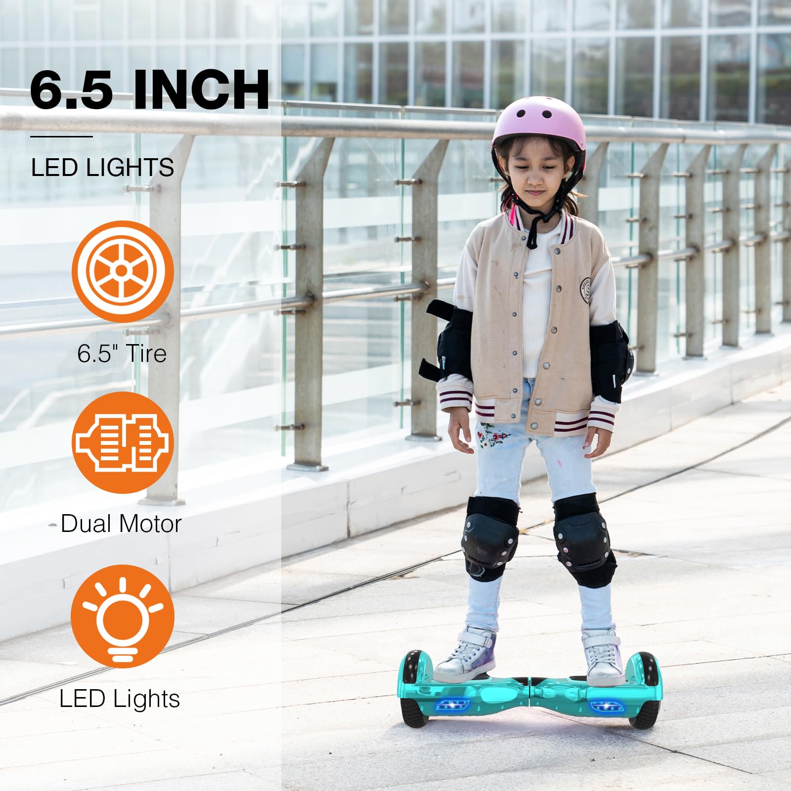 Hoverboard 6,5 Zoll mit Bluetooth-Lautsprecher Selbstbalancierender Roller, Bunter Motor, LED-Leuchten für Kinder