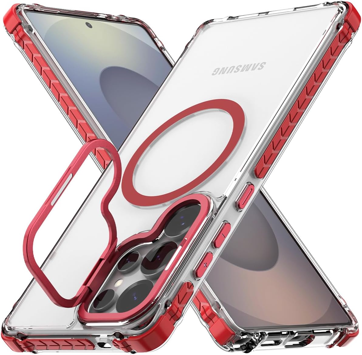Nvollnoe for Samsung S25 Ultra Case Compatible with MagSafe Military Grade Shockproof Heavy Duty Protective Adjustable Kickstand Ultra Clear Magnetic Phone Case for Samsung S25 Ultra(Red)