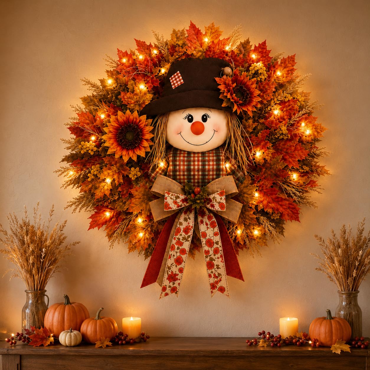 Lighted Scarecrow Fall Wreath for Front Door, Harvest Sunflower Maple Leaf Autumn Wreath with Burlap Bow for Porch and Thanksgiving Decor (Without Lights)