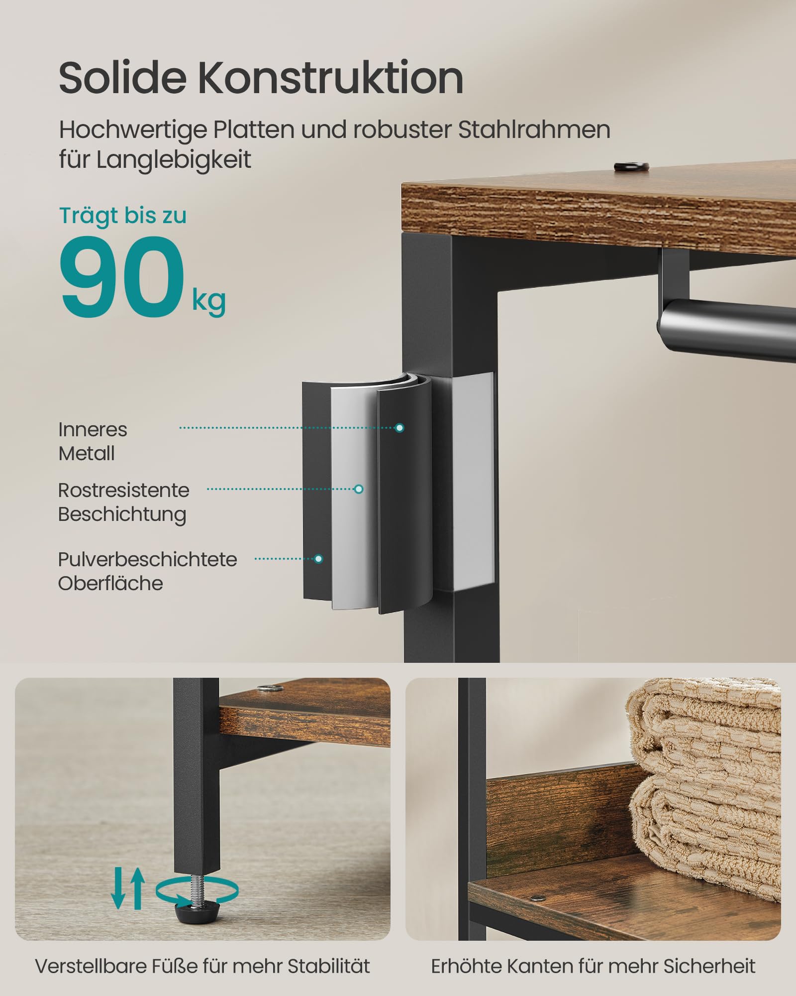 SONGMICS Kleiderschrank offen, Kleiderständer, Garderobenständer, Garderobe mit Kleiderstange, Ablagen, abnehmbare Haken, 40 x 60 x 181 cm, vintagebraun RGR006B01