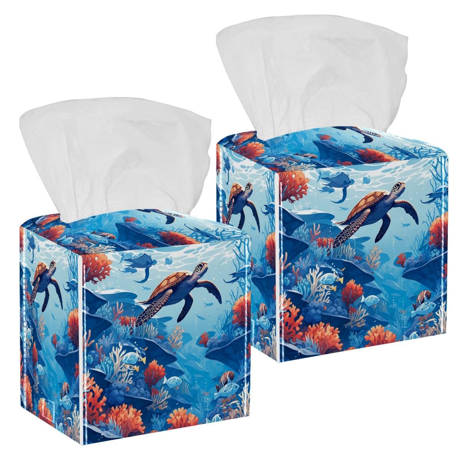 Corals and Turtles Tissue Box Cover, 2 Pack PU Leather Square Facial Tissue Dispenser Box holder for Home Office Car