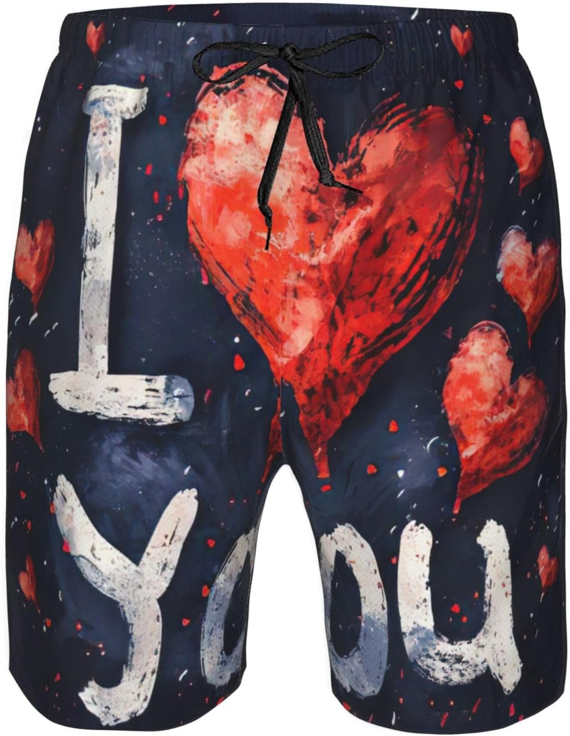 I Love You Words with Hearts Print Men's Swim Trunks Quick Dry Beach Shorts with Pockets Lining Swimwear Bathing Shorts