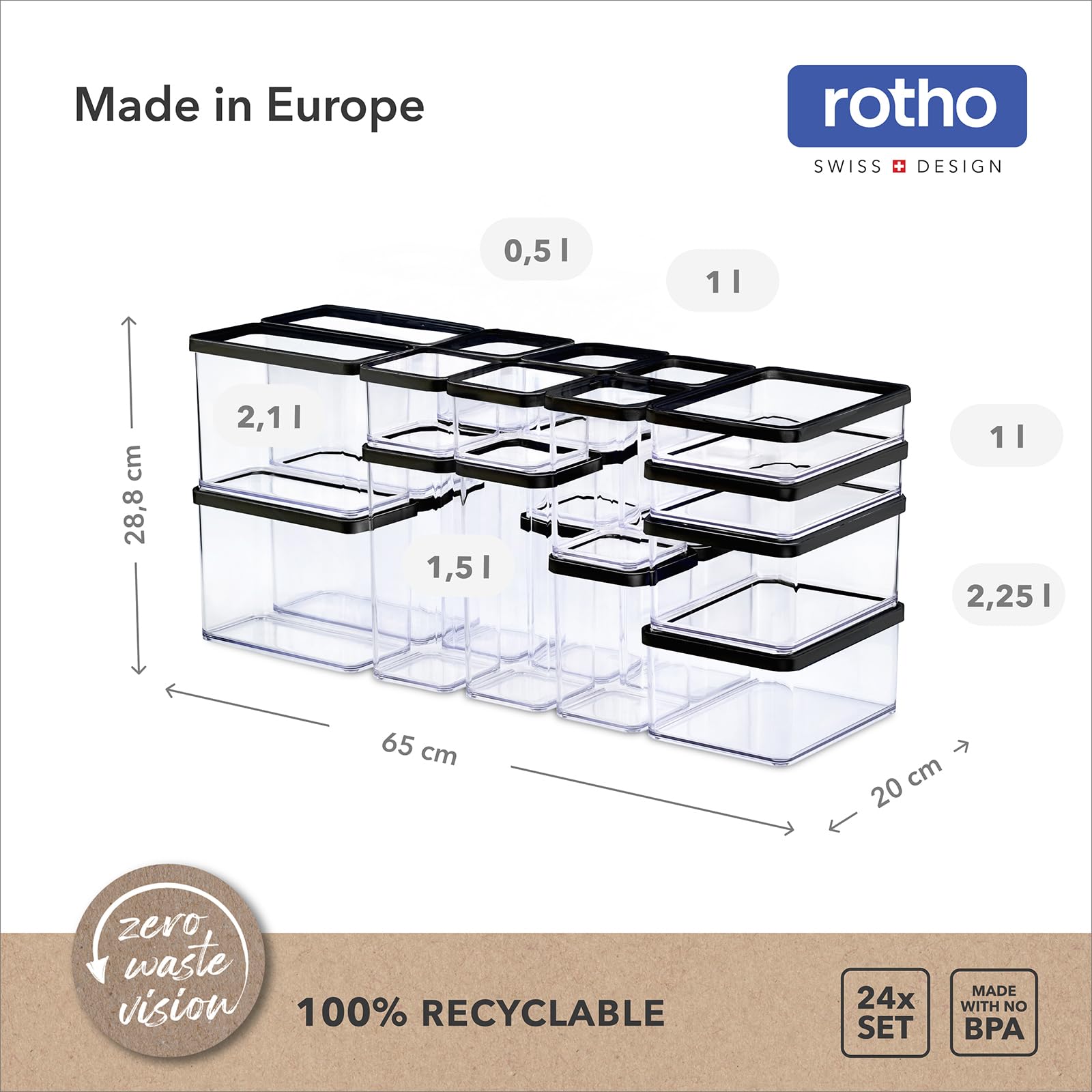 Rotho Loft Set 24 Contenitori Alimentari, Barattoli Ermetici senza BPA | Salvaspazio impilabili per cucina, set misto da 0,5 a 2,25 l in plastica SAN trasparente, lavabili in lavastoviglie