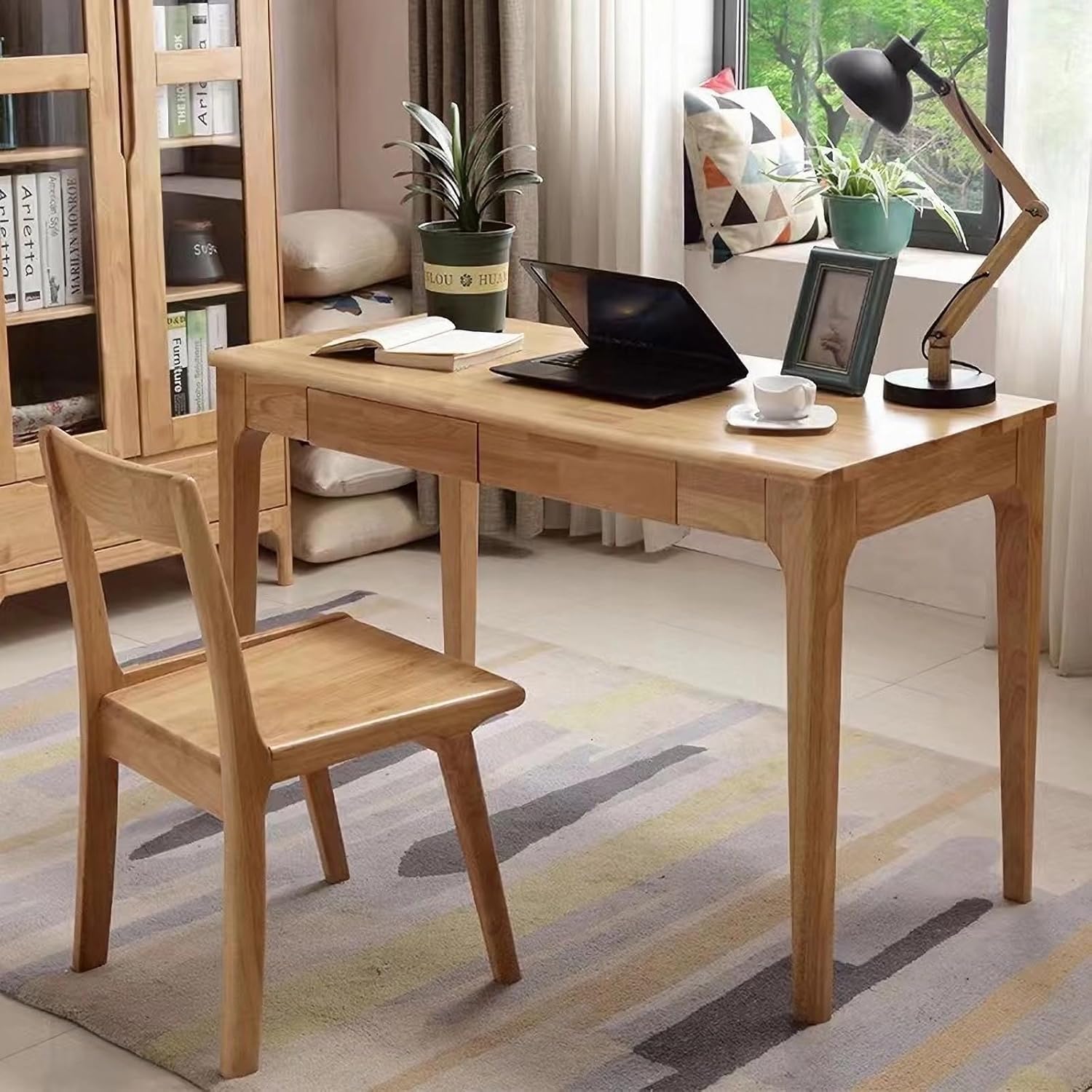 Escritorio de madera maciza con cajones, escritorio de computadora pequeño para espacios pequeños, escritorios de estudio de juegos, oficina en casa para trabajo, escritorio de computadora para 3