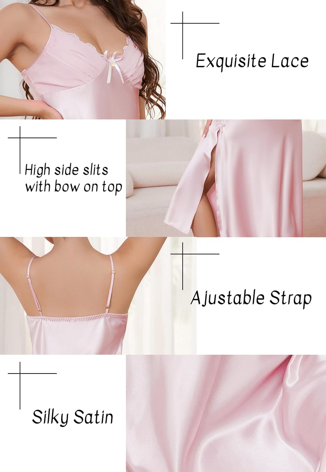 ALCEA ROSEA Satin Nightgown Long Silky Slip dress Sleeveless sexy with slit Slip dress V neck - Image 5