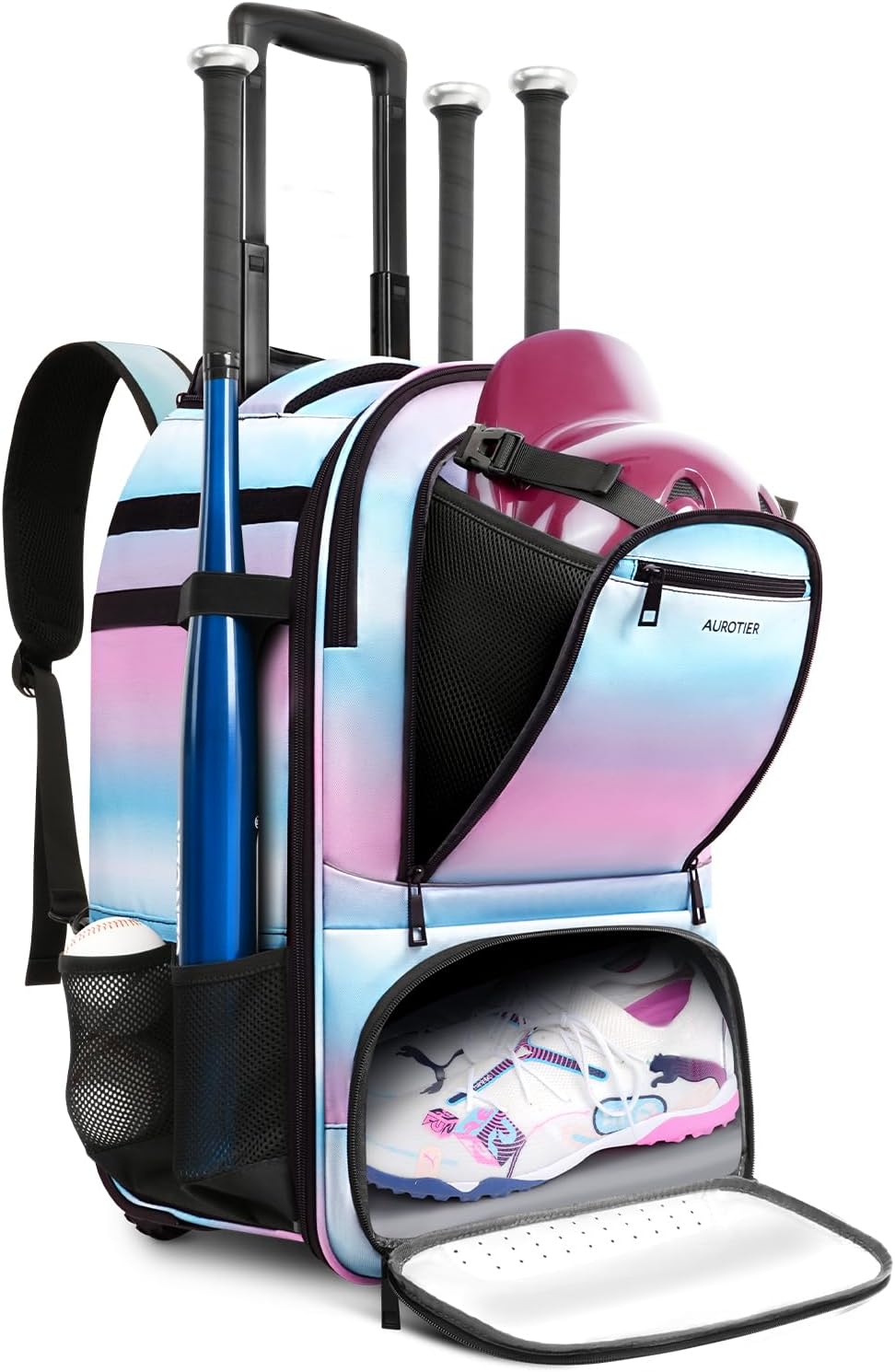 Rolling Baseball Backpack with Off-road Wheels, Wheeled Catchers Gear Bag for Baseball Equipment, 4 Bats, Large Softball Bag for TBall, Helmet & Accessories with Fence Hook