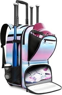 Rolling Baseball Backpack with Off-road Wheels, Wheeled Catchers Gear Bag for Baseball Equipment, 4 Bats, Large Softball Bag for TBall, Helmet & Accessories with Fence Hook