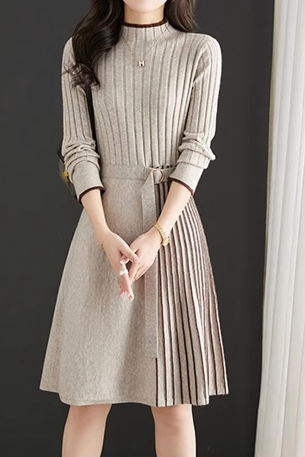LAI MENG FIVE CATS Women's Elegant Long Sleeve Stripe Sweater Ribbed Knit Pullover Fall Midi Dress - Image 3