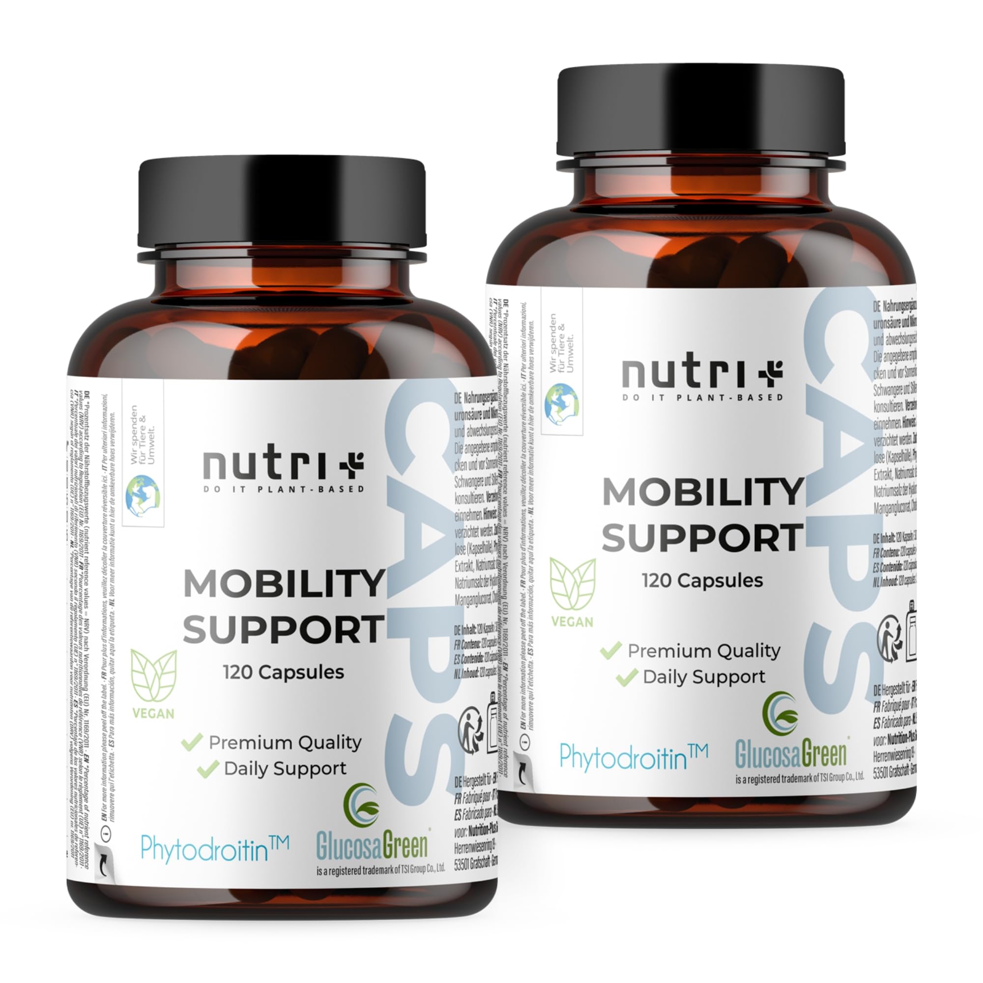 Nutri + Glucosamina + Condroitina Cápsulas de Alta Dosis + Vegan - Mobility Support con MSM, Ácido Hialurónico, Zinc, Vitamina C - Glucosagreen + Fitodroitina