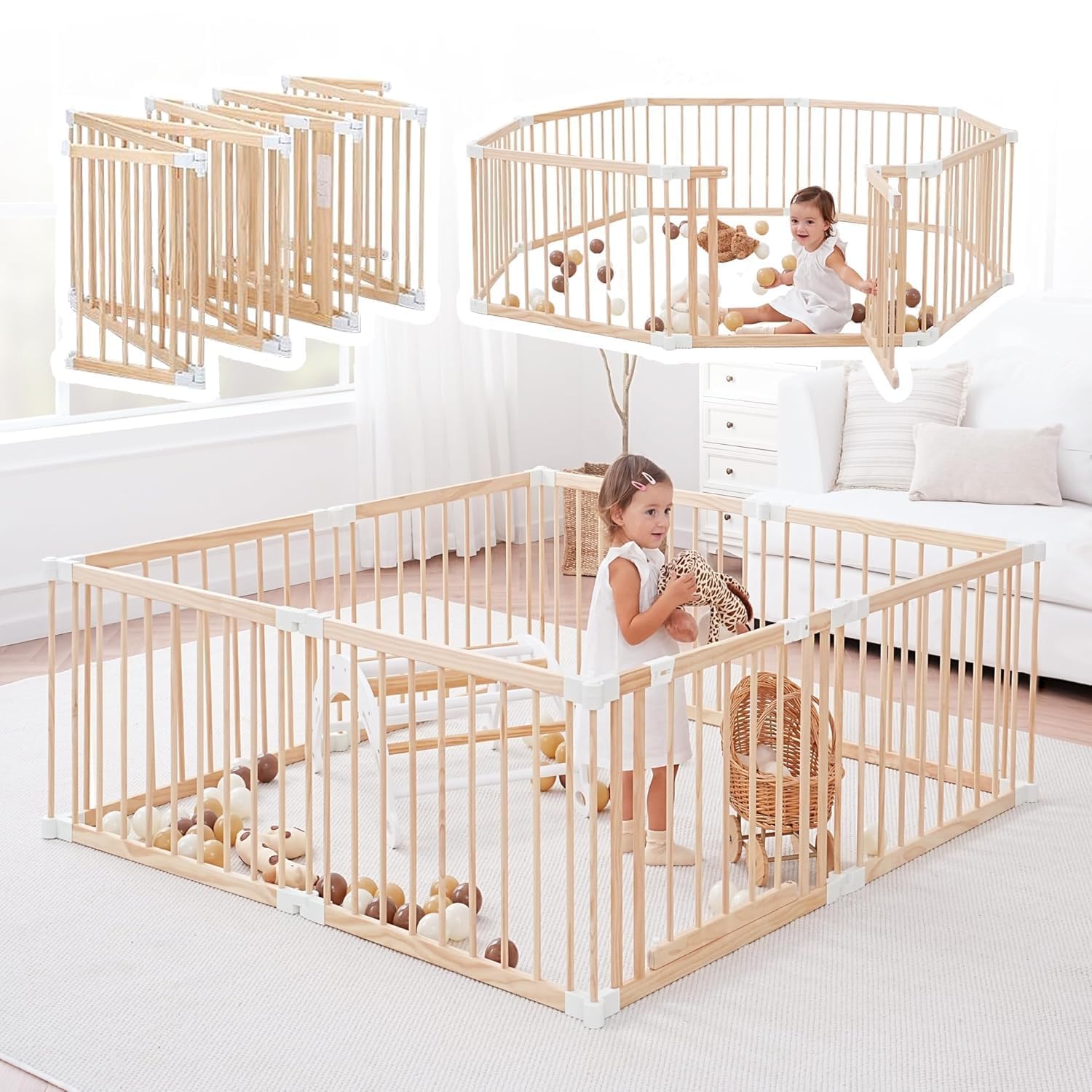 Wooden Playpen & Play Yards for Babies and Toddlers, 79 * 71inch Foldable Wood Baby Play Fence with Locking Gate, Kids Activity Area Center Indoor Outdoor, Pinewood