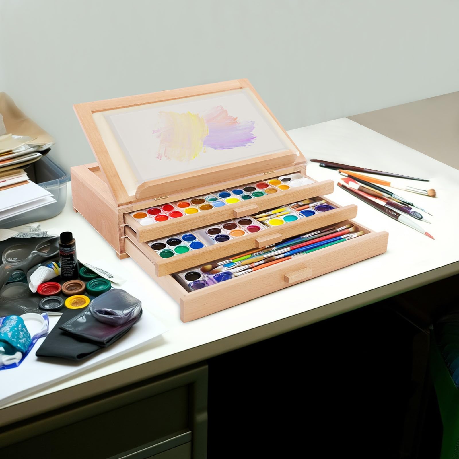Caballete de mesa ajustable con 3 cajones, caballete portátil de madera de haya, soporte de pintura de alta calidad para artistas, estudiantes, principiantes