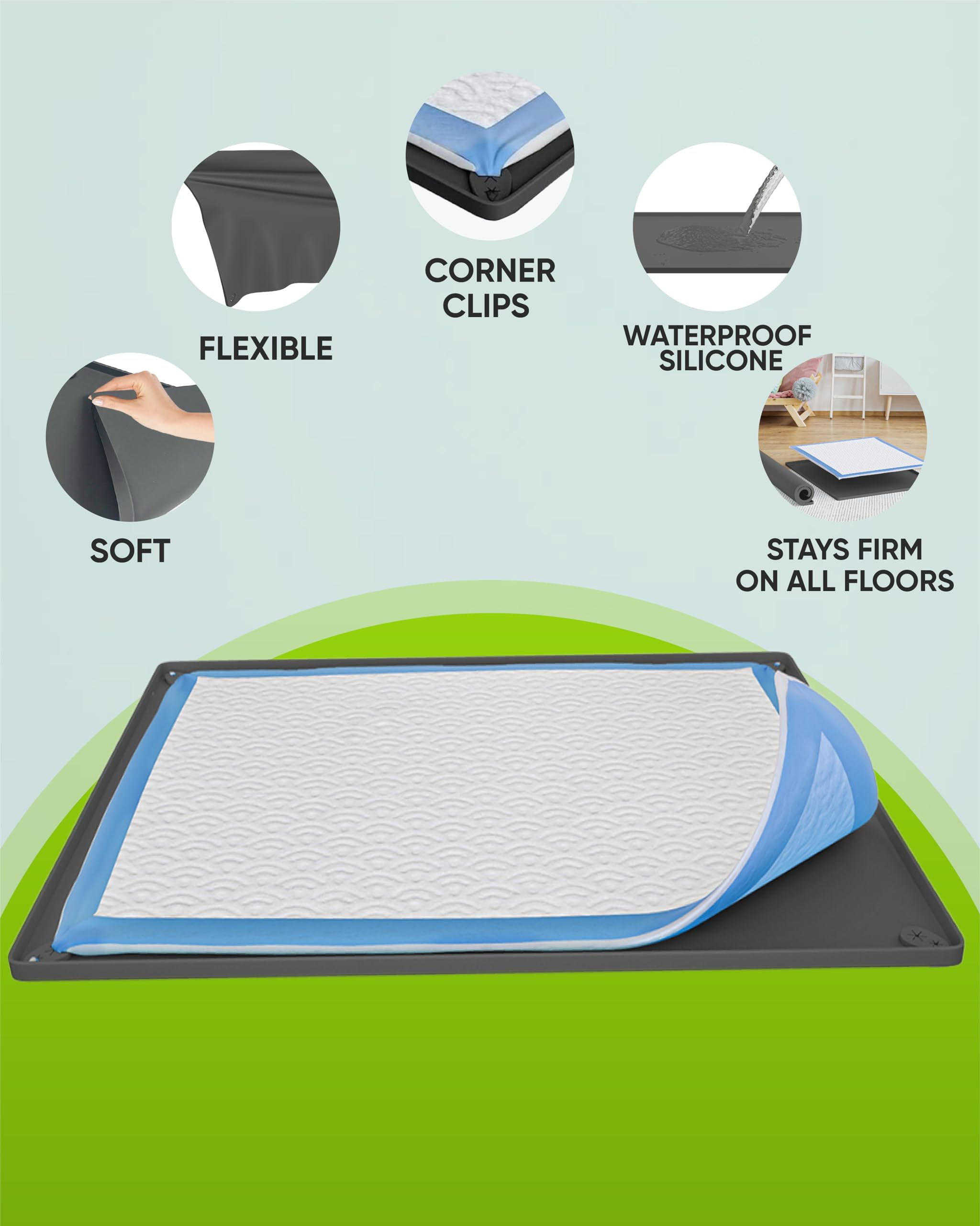 Skywin Pee Pad Halter Klein für 29,1 x 43,2 cm Trainingspads - Leicht zu reinigen und aufzubewahren Hund Welpen Pad Halter - Silikon Wee Wee Pad Halter, Kein Verschütten Puppy Pad Halter (Grau)