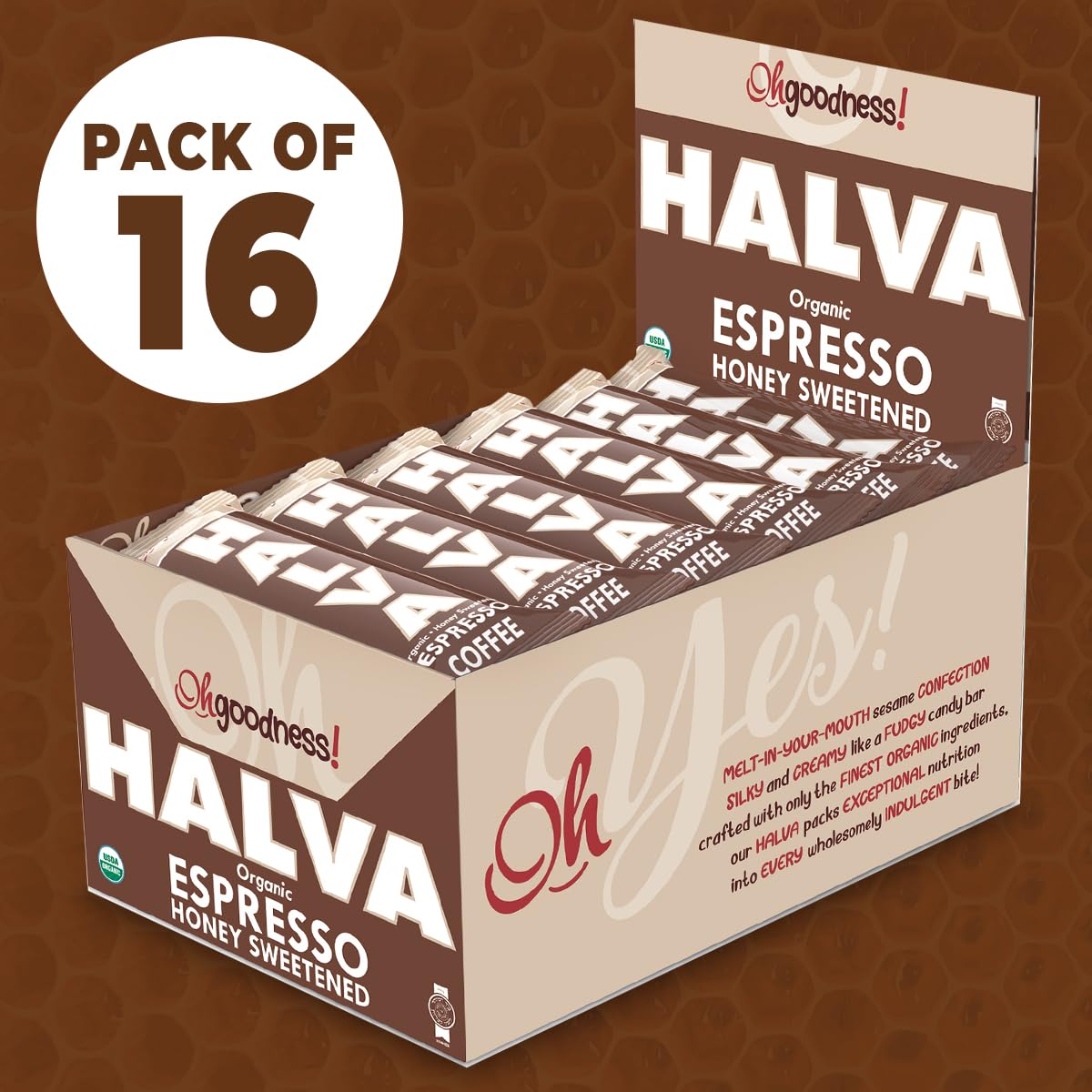 Oh, Goodness! Organic Halva Bars - Paleo Friendly, Espresso Flavor - 16 Pack of 40g Bars, No Additives, Refined Sugar, or Artificial Sweeteners