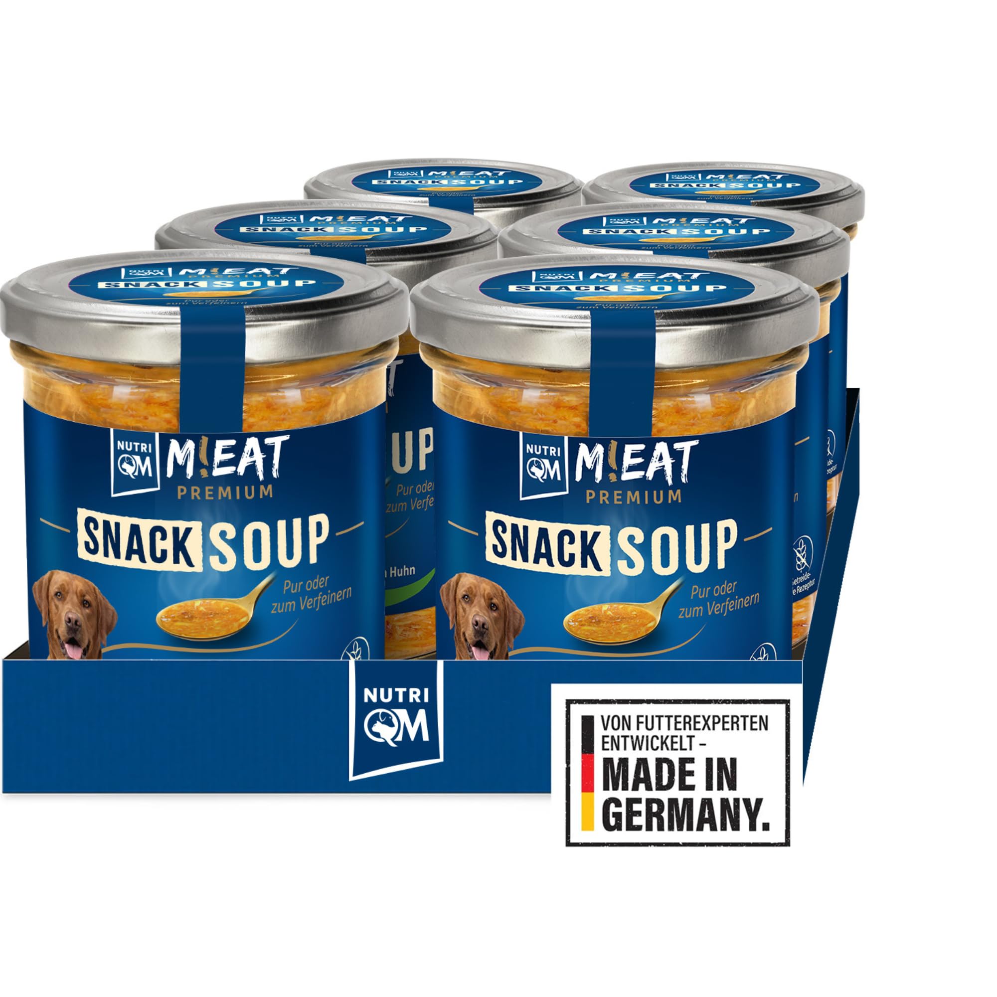 NutriQM® M!EAT Snack Soup - Hunde Suppe mit Hühnerfilet & Gemüse - 6 x 280g - Hundefutter Topping - Getreidefreier Flüssig Snack - Ideal als EIS, Schlecksnack & Warme Suppe - Made in Germany