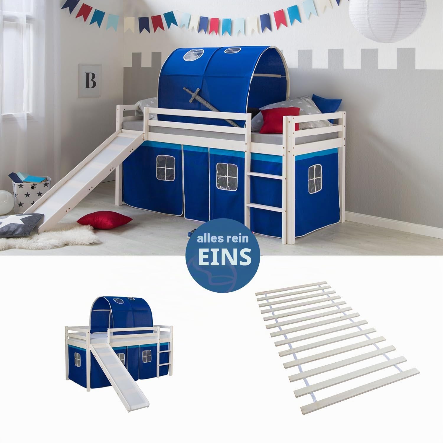Homestyle4u Kinderhochbett 90x200 cm Weiß - Kiefer Spielbett mit Rutsche | Hochbett inklusive Lattenrost, Vorhang in Blau, Tunnel und Leiter. Massivholz Kiefer für das Kinderzimmer.