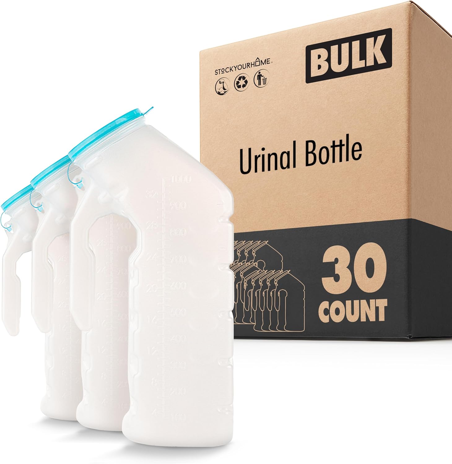 Male Urinal with Glow Lid (30 Bottles) 32 Oz Urine Bottle for Men for Hospitals, Emergency, Travel