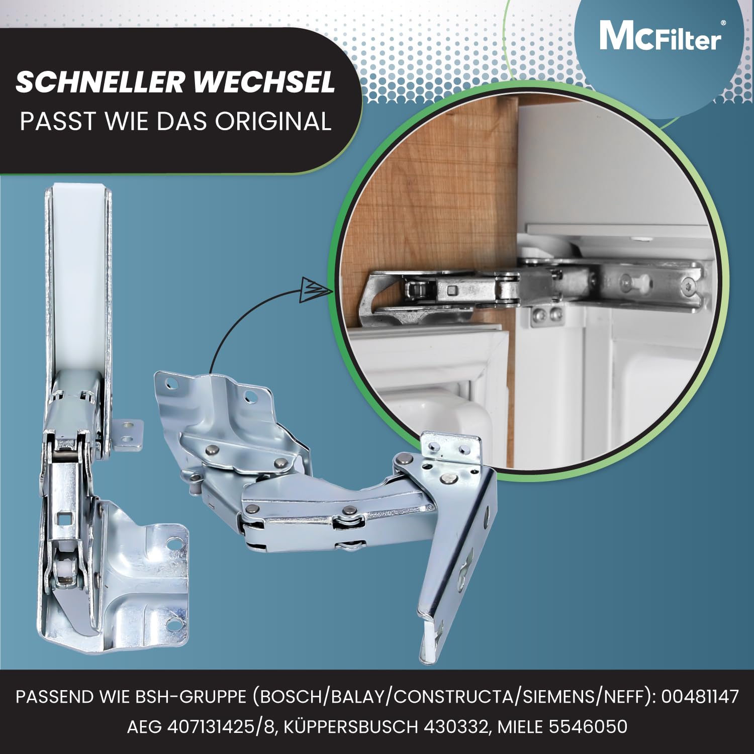 McFilter I 2x Kühlschrank Scharnier kompatibel mit Bosch Siemens Miele AEG Neff 00481147 481147 Neff AEG 407131425/8 Miele 5546050 00481145 00499570 00499569 Ersatz Flachscharnier Kühlschranktür