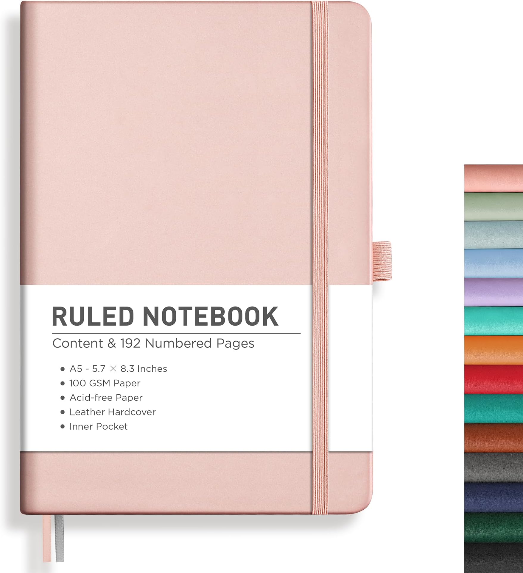 RETTACY Notebook Journal - A5 College Ruled Notebook with 192 Numbered Pages, Notebook for Work, School, Writing, 100 GSM Acid-Free Paper, Leather Hardcover, Inner Pocket, 5.7'' × 8.3'' (Rose Gold)