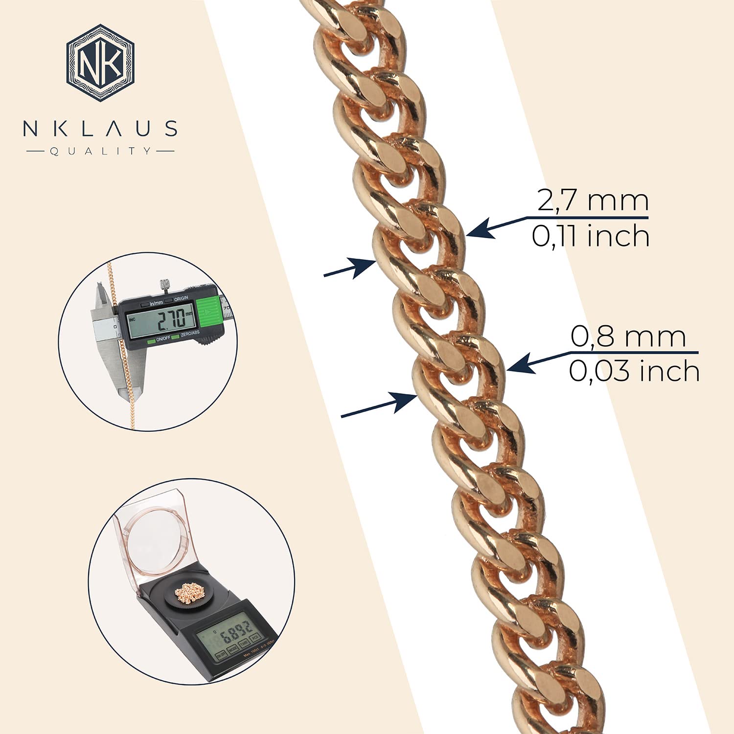 NKlaus 8623 łańcuszek z lokami, podwójnie diamentowany, mosiądz pozłacany, 2,7 mm, szerokość 2,7 mm, srebrny łańcuszek