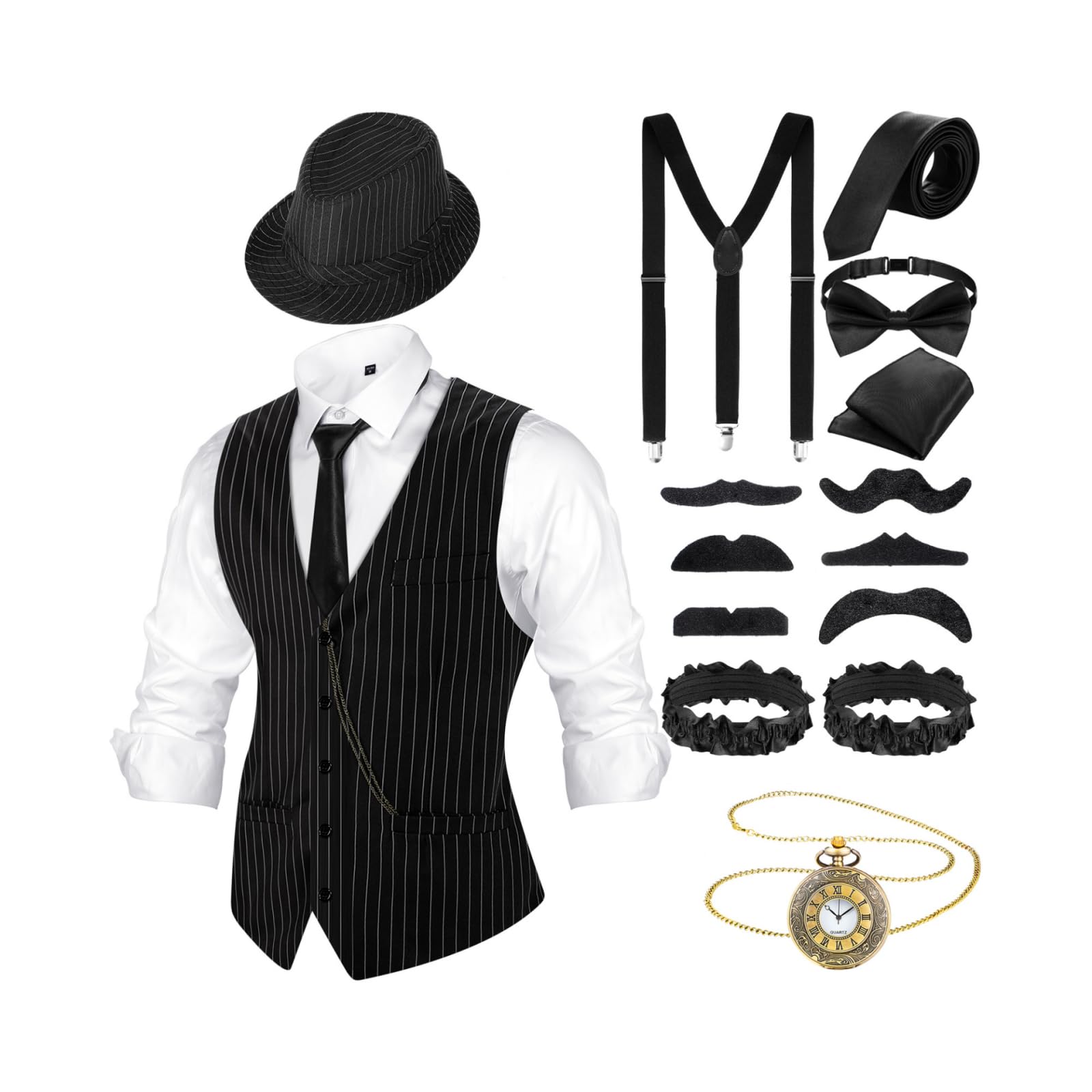 1920s Mens Costume Accessories Outfit with Gangster Vest Fedora Hat Vintage Pocket Watch Bow Tie Suspenders Accessories (Black White Stripe, Small)