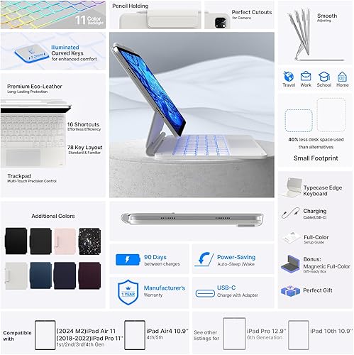 Miniatura 6 de typecase Funda de teclado para iPad Air 11 y iPad Pro 11 (4ª, 3ª, 2ª, 1ª generación), teclado mágico para iPad Air 5ª/4ª generación, funda de