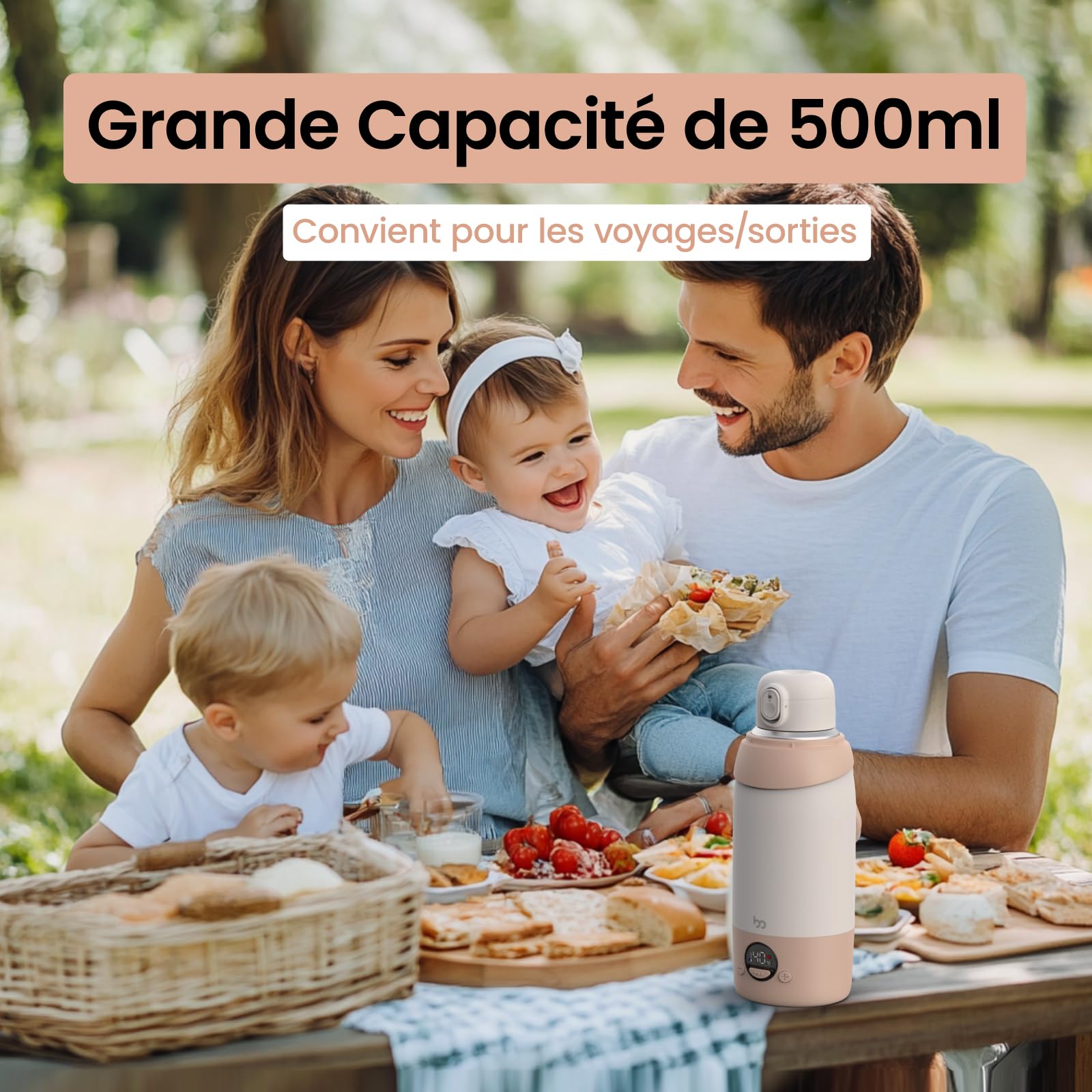 Chauffe Biberon Nomade Sans Fils, Capacité 500ml, Chauffe Rapide + Température Précise, Chauffe-Eau Portable pour Voiture Avion, Batterie 5200 mAh