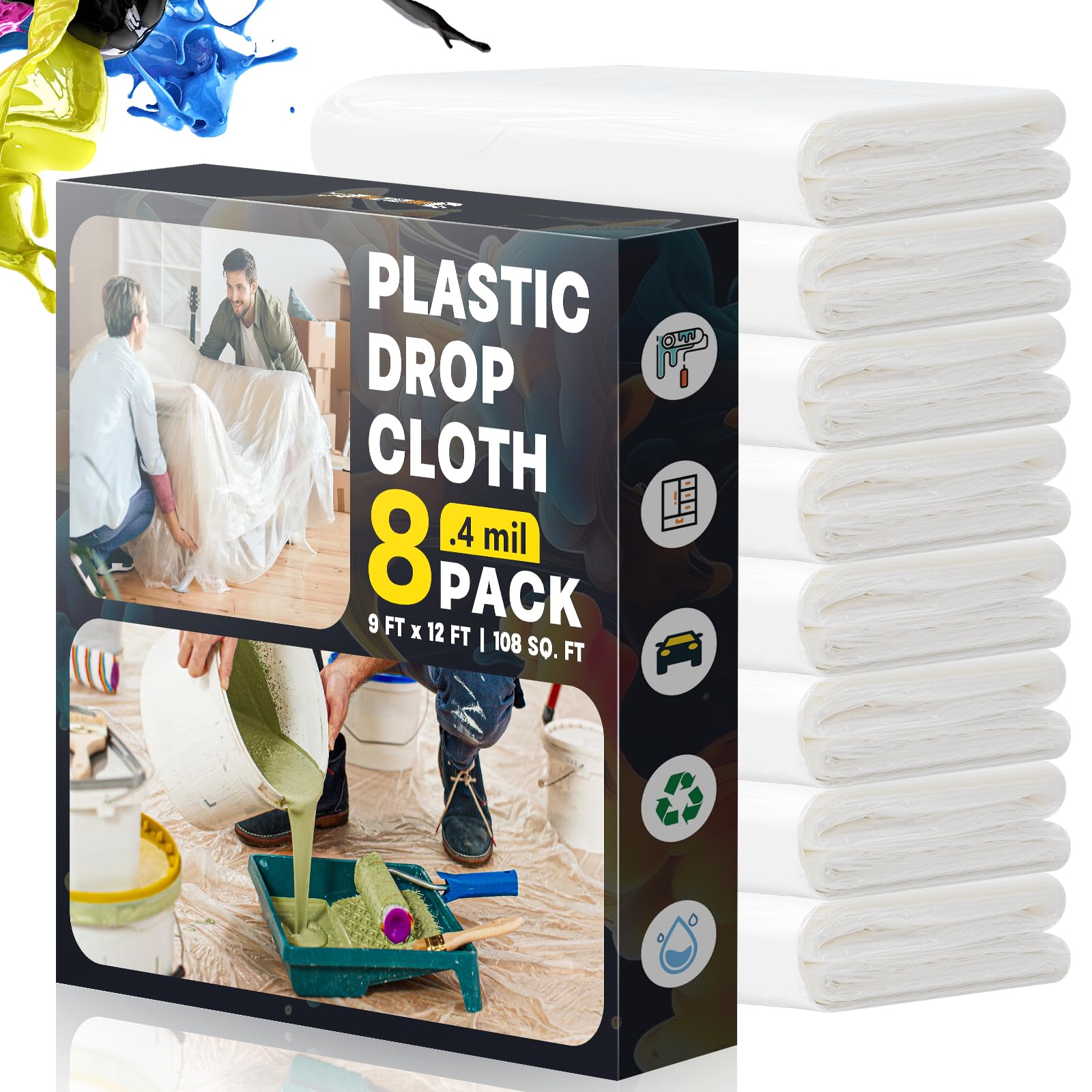 K212M Plastic Drop Cloths for Painting, 9x12 Ft Extra Large Painting Supplies, Plastic Sheet Dust Cover for Furniture, Floor, Couch Protector (8-Pack)