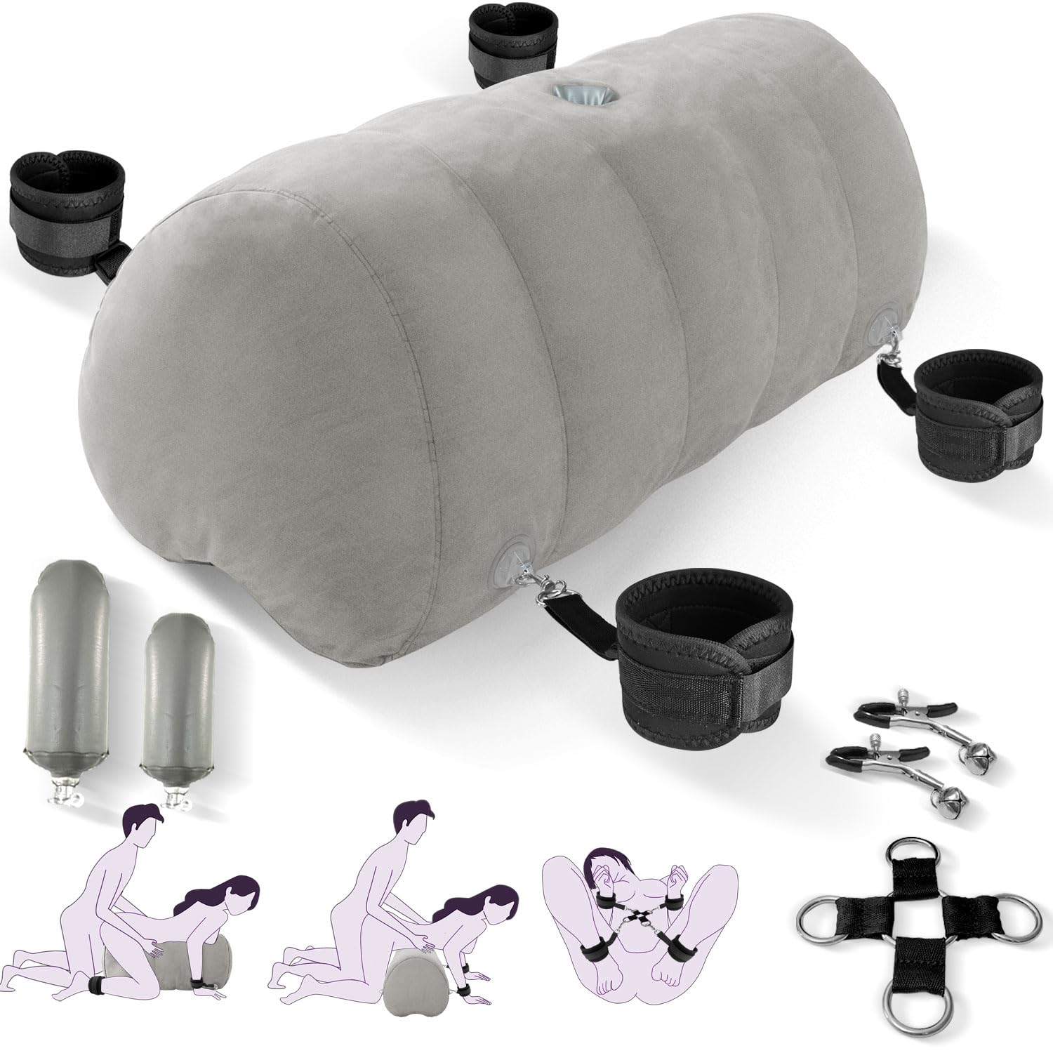 Sex Pillow Couples Sex Toys, Heart Shaped Inflatable Cushion Furniture for Bedroom Dildo Mount, Upsize Pillow with Bondage Cuffs, Cross Strap, Nipple Clamps BDSM Kit