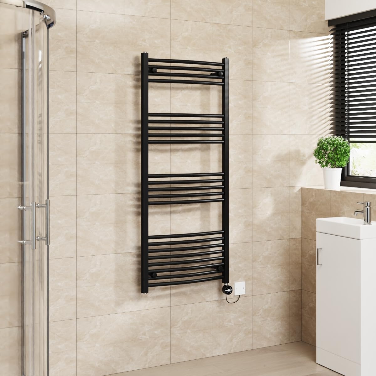 Warmehaus Touch Screen Electric Towel Rail Curved Timer Black 1400x600mm — image 1