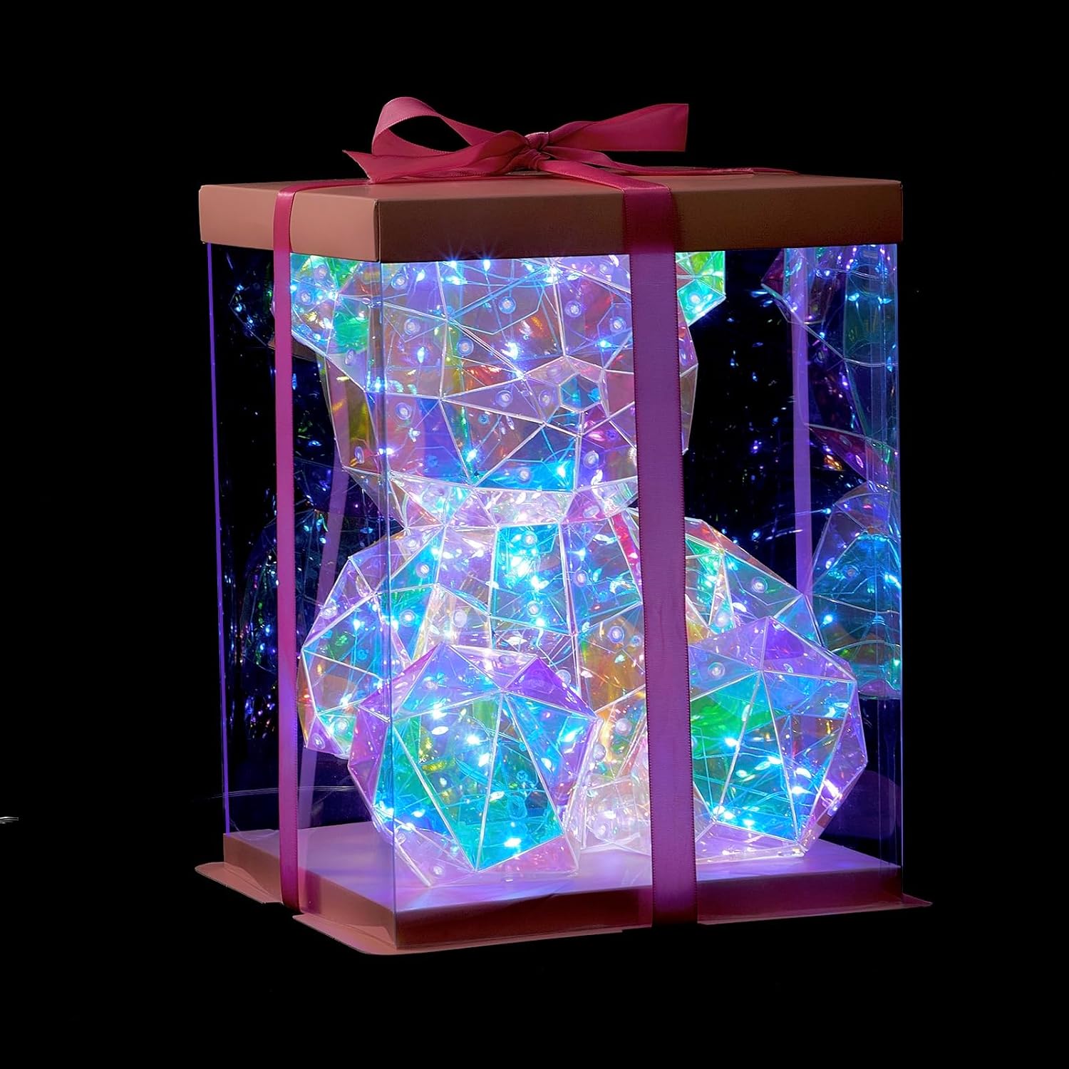 LED Teddy Bear Night Light, Holographic Iridescent Design, Nursery Decor Display Box with Ribbon (Bear, Small)