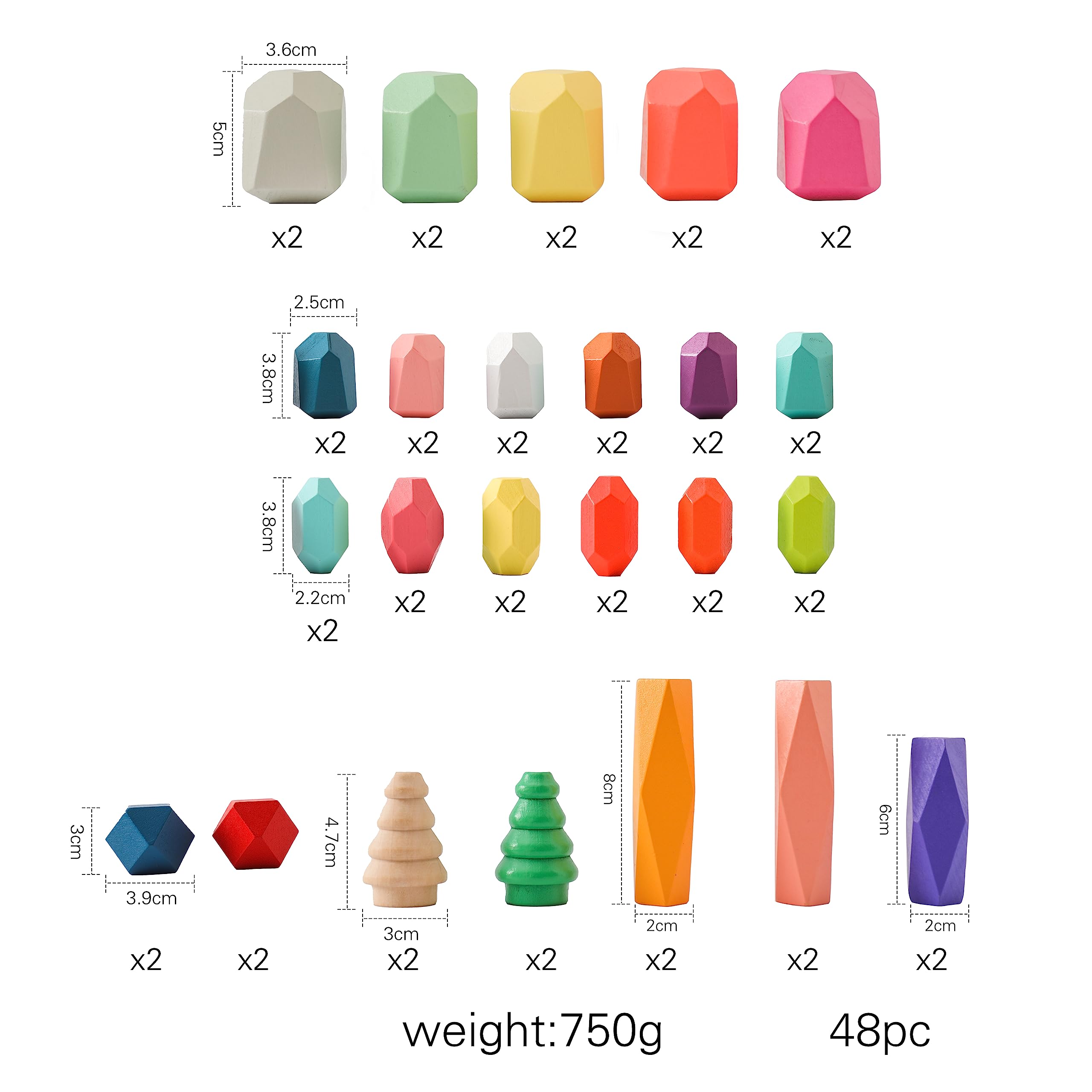 Giocattoli Impilabili in Legno - Pietre di Bilanciamento Waldorf Natura Blocchi di Costruzione Arcobaleno - Montessori (48 Pezzi Set)