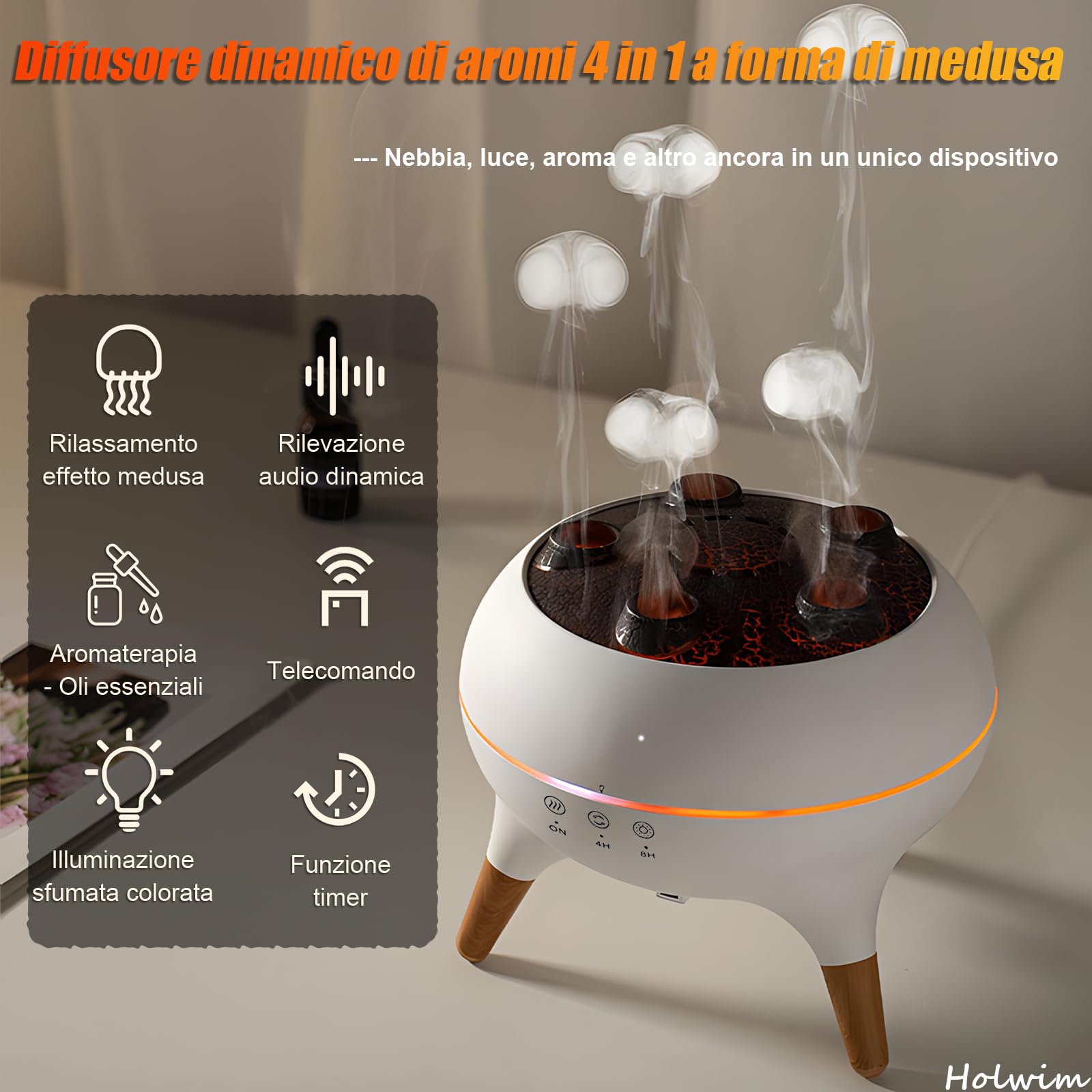 Jellyfish Diffusore di aromi, diffusore di oli essenziali, 250 ml, umidificatore, sincronizzazione musicale, Jelly Fish con luce a 7 colori, telecomando e timer per l'ufficio domestico (bianco)