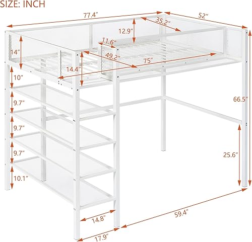 Miniatura 2 de Tensun Cama alta de metal tamaño individual, marco de cama alta de metal con estantes de 4 niveles para niños, niñas, adolescentes, color blanco