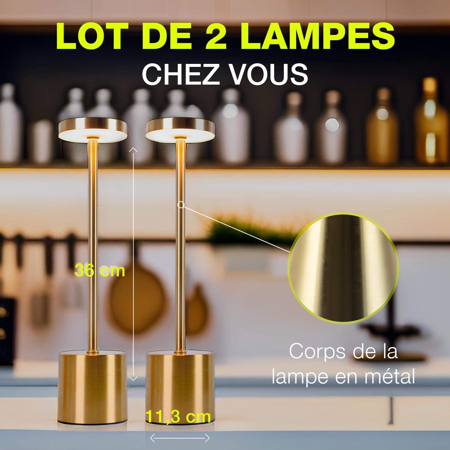 CATAVANA-Lot de 2 Lampes de table sans fil - Rechargeables LED pour Intérieur/Extérieur - Cable USB-C - Lampe Tactile avec Variateur - Design en Métal - Marque Française - Gold
