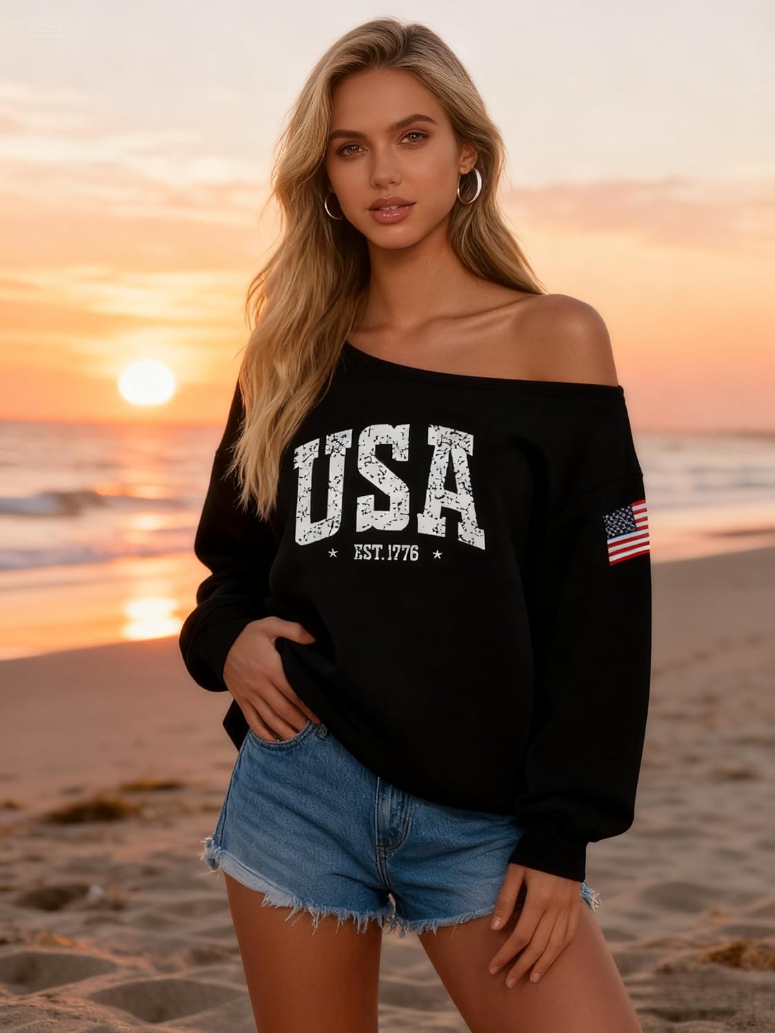 Dressmine Womens Sexy Off Shoulder Sweater USA Sweatshirts Long Sleeve Patriotic Shirt American Flag Hoodie Pullover - Image 3
