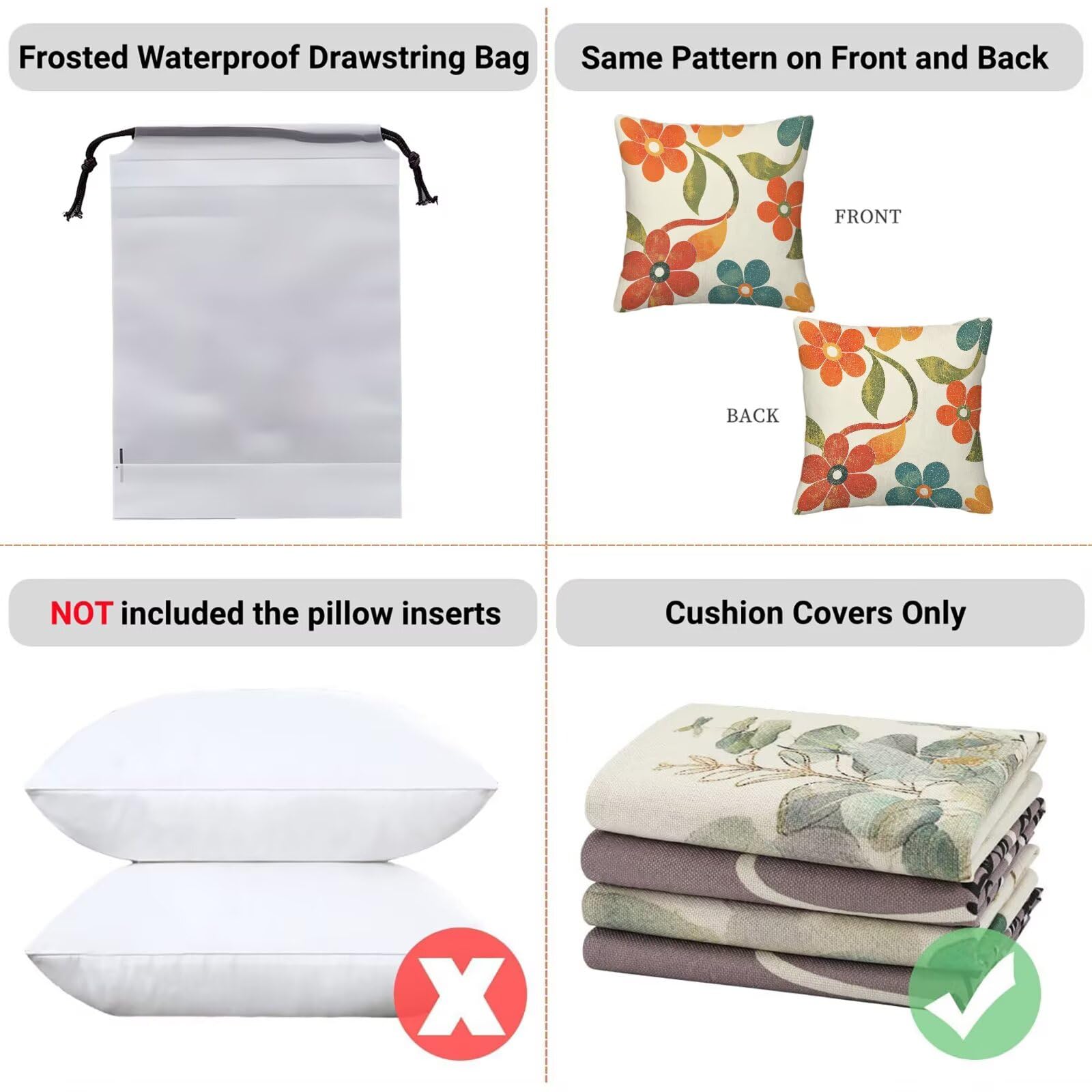 Outdoor Kissenbezug Beige 55x55 cm Outdoor Kissenbezug Wasserdicht Dekokissenbezug Blume 4er Set Leinen Zierkissenbezüge Kissenhülle Sofakissenbezüge für Garten, Schlafzimmer, Sofa, Stuhl, Bett, D-2